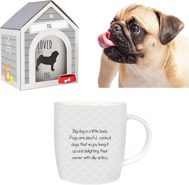 Splosh Precious Pets Mug Collection  Pug, Grey and Black Ceramic Mug with Pet Silhouette, Gift Boxed, Dishwasher Safe