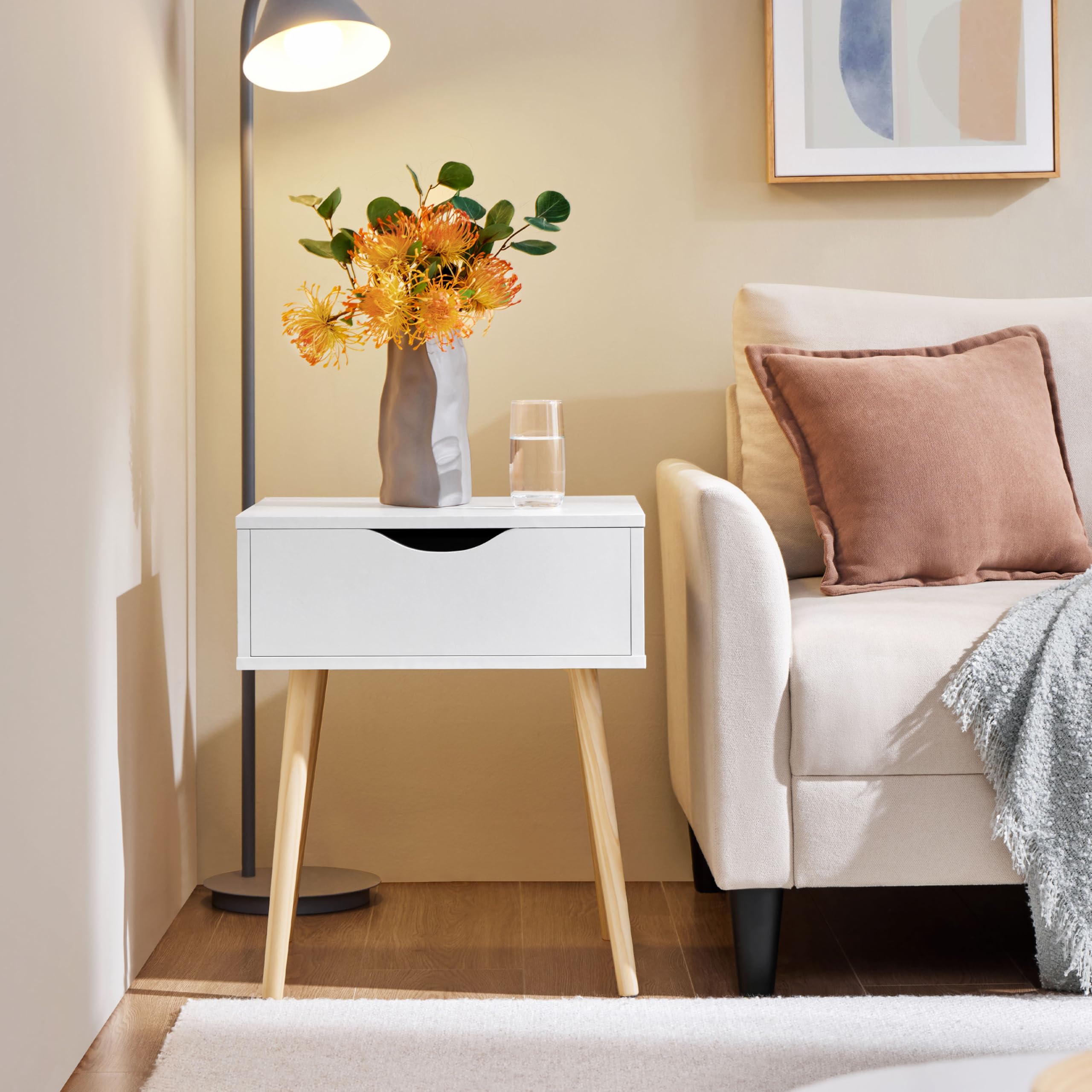 Yaheetech 2X Nachttisch Beistelltisch Nachtschrank mit Schublade und 4 Holzbeinen Skandinavischer Sofatisch aus Holz Nachtkommode für Schlafzimmer/Wohnzimmer, Weiß | Beistelltisch Nachtschrank Skandinavischer Sofatisch aus Holz Nachtkommode für Schlafzimm