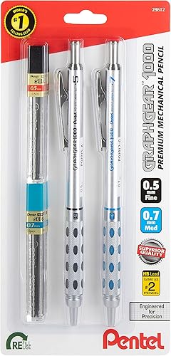 Pentel GraphGear 1000 - Lápiz de dibujo automático, lápices mecánicos de metal de 0.5 y 0.028 in con minas de recambio