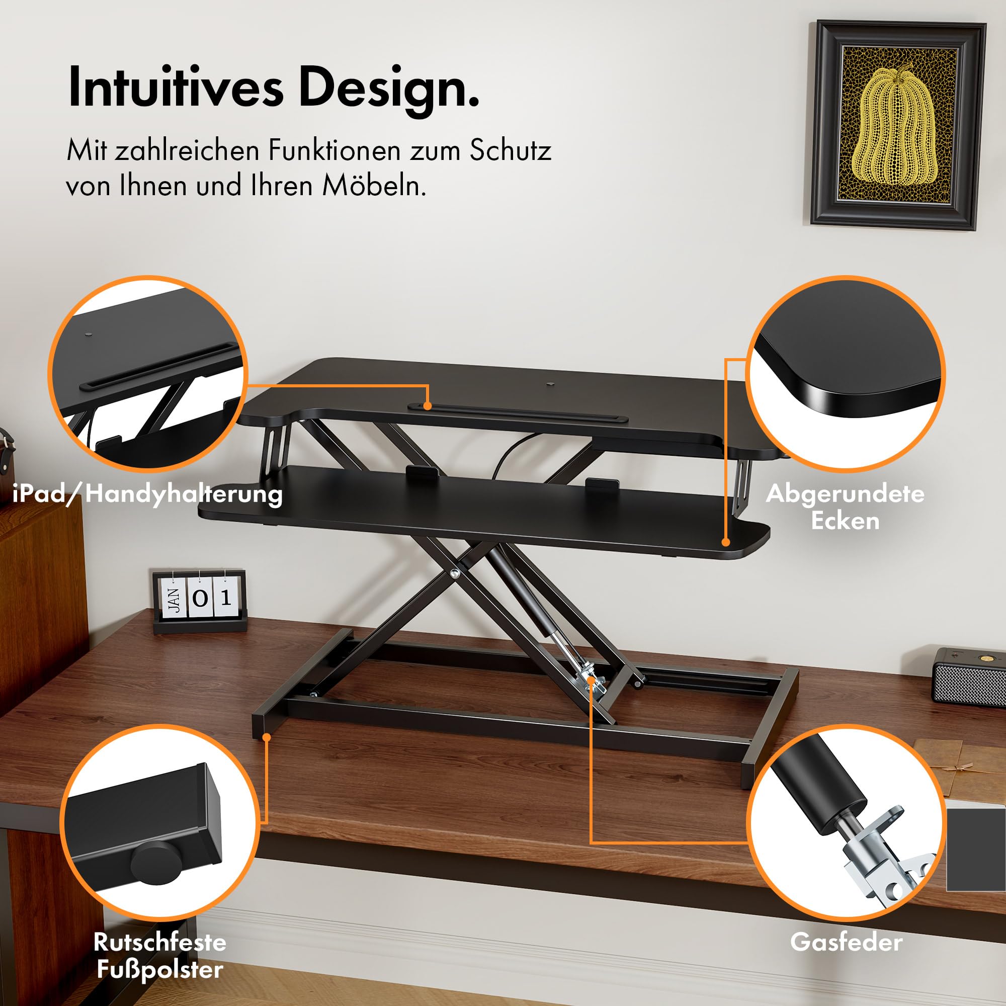 VonHaus Schreibtischaufsatz Höhenverstellbar, Schwarz 80 x 40 cm Steh-Sitz-Arbeitsplatz für Dual-Monitor mit Tabletfach, Stehpult-Konverter mit Zwei Ebenen, Schreibtisch erhöhung mit Tastaturablage