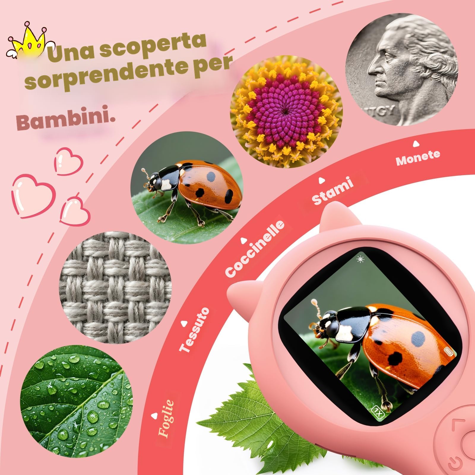 Ashfly Microscopio portatile per bambini, schermo IPS da 2,0", 200X, microscopio tascabile portatile, 3 livelli regolabili, luci LED USB su PC, mini microscopio per bambini dai 3 anni in su, rosa