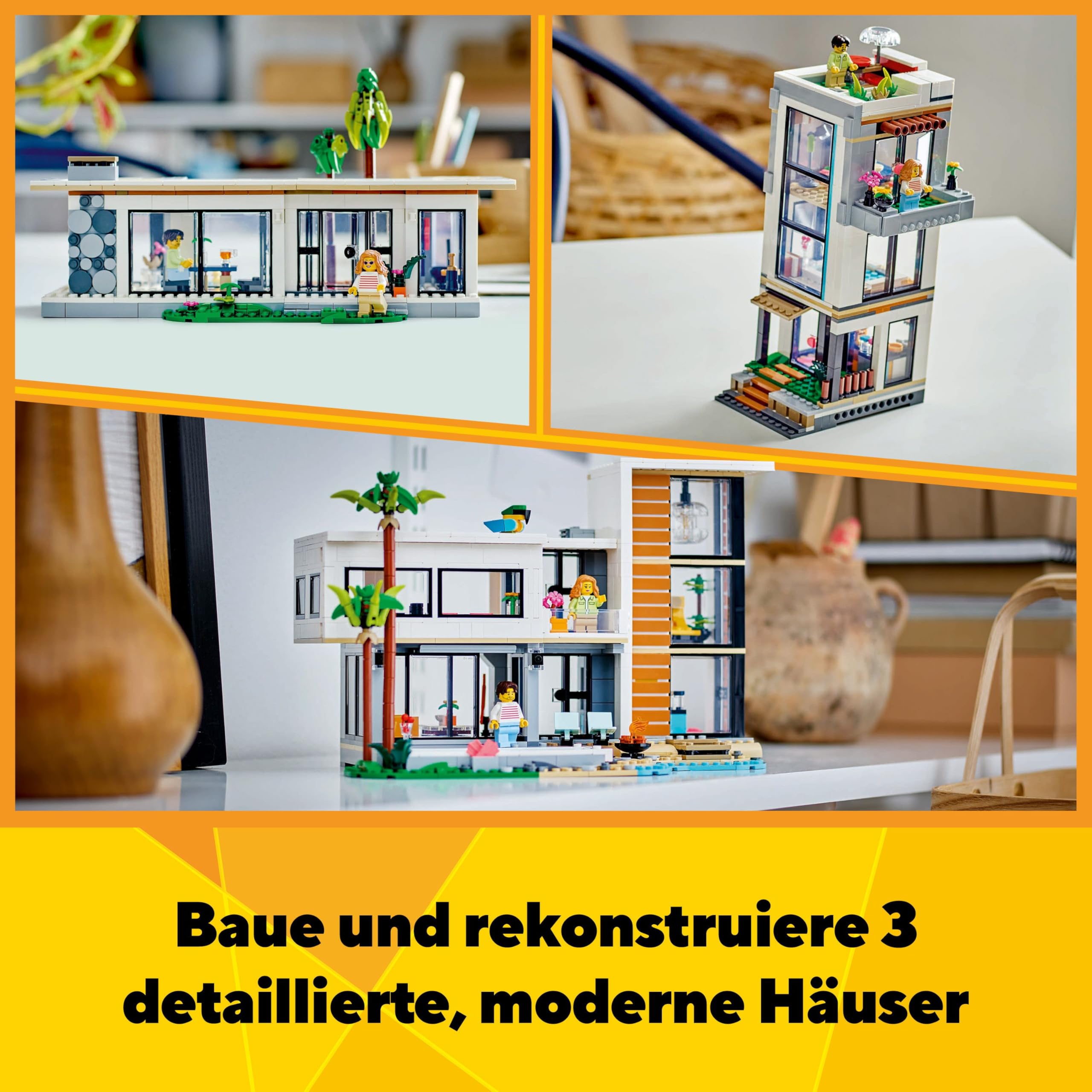 LEGO Creator Modernes Haus, 3-in-1-Set zum Umbauen in EIN Stadthaus oder eine Waldhütte, Modellhaus, Geschenkidee für Jungen und Mädchen ab 9 Jahren, Lernspielzeug 31153
