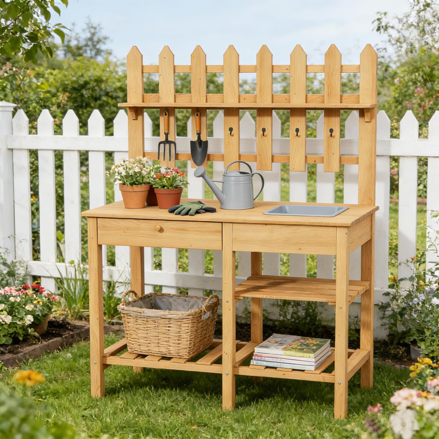 Outdoor Garden Potting Bench Table with Drawer,Solid Wood Work Benches Horticulture Furniture Workstation with Open Shelves/Removable Sink/6 Hooks for Patio/Lawn/Garden (Wood)