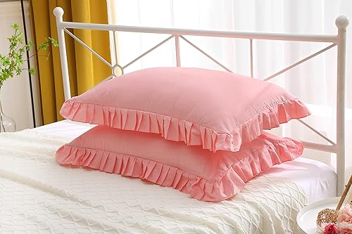 Miniatura 2 de Juego de 2 fundas de almohada de algodón de 20 x 36 pulgadas con dobladillo, color rosa coral y volantes, tamaño King