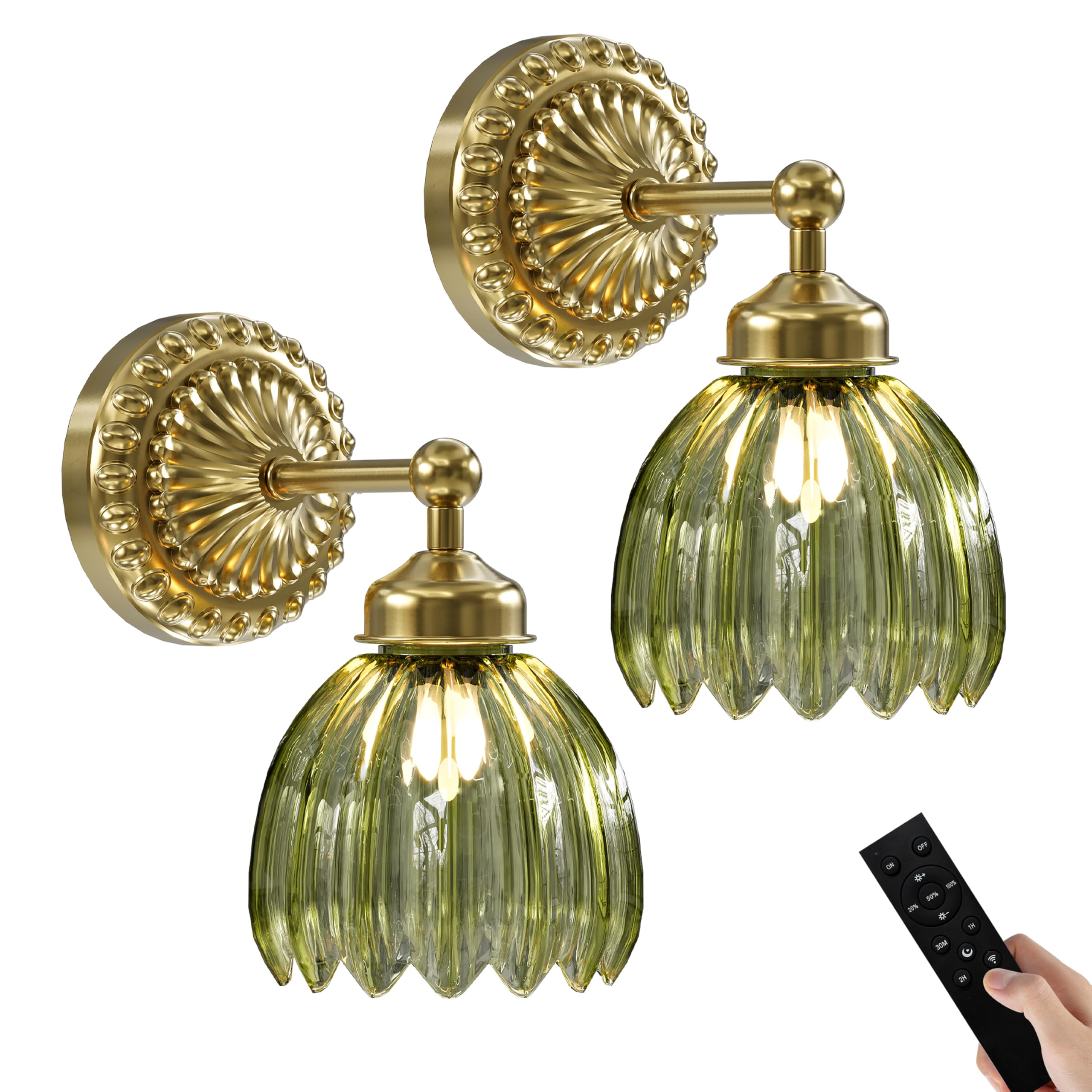 Luxcolyn Vintage Rechargeable Wall Lights with Green Tulip Glass Lampshade, Battery Wall Light with Remote, Cordless LED Sconce Lamp Non Hard Wired for Indoor Living Room, Bedroom (Set of 2)