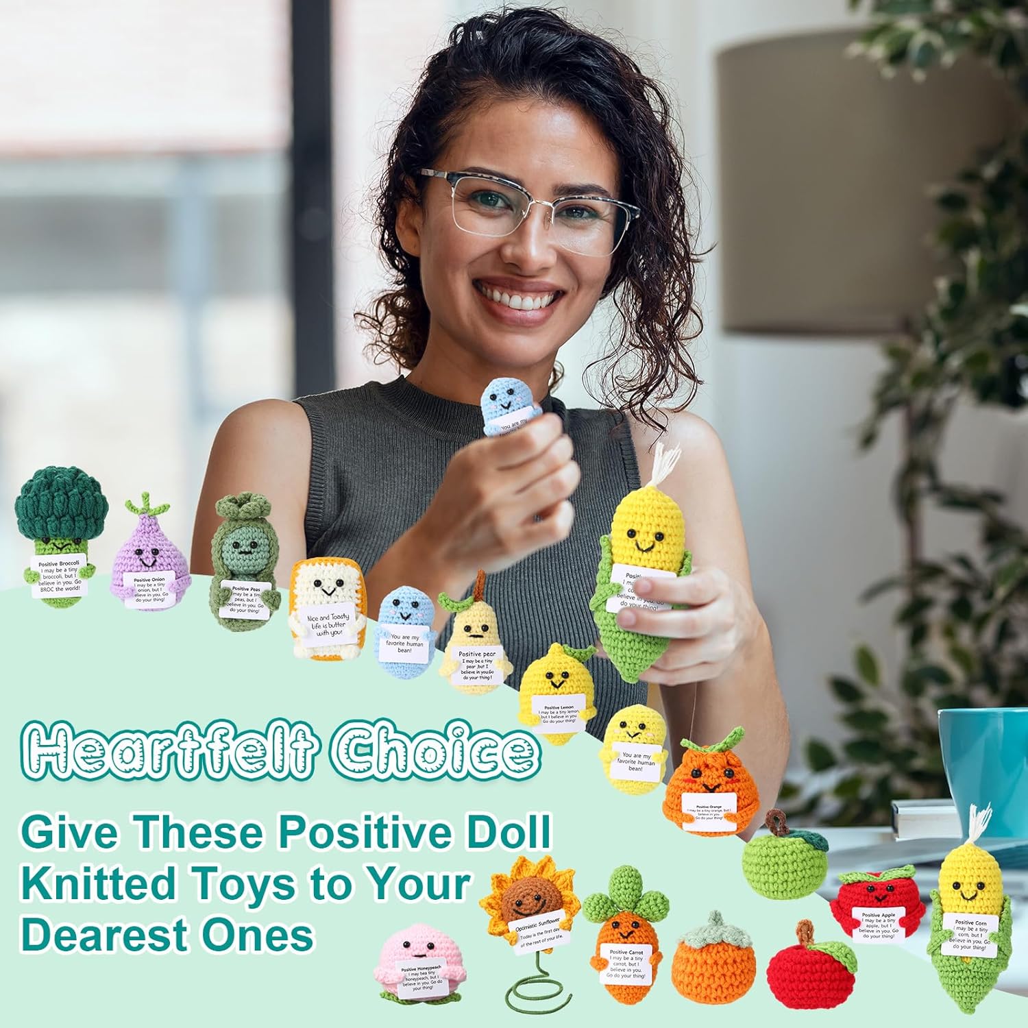 VioraWhite 18 Pcs Crochet Dolls Bulk Positive Handmade Knitted Emotional Fruit Vegetable Dolls with Encouragement Cards for Employee Appreciation Gifts, Coworker Team Building Keepsakes