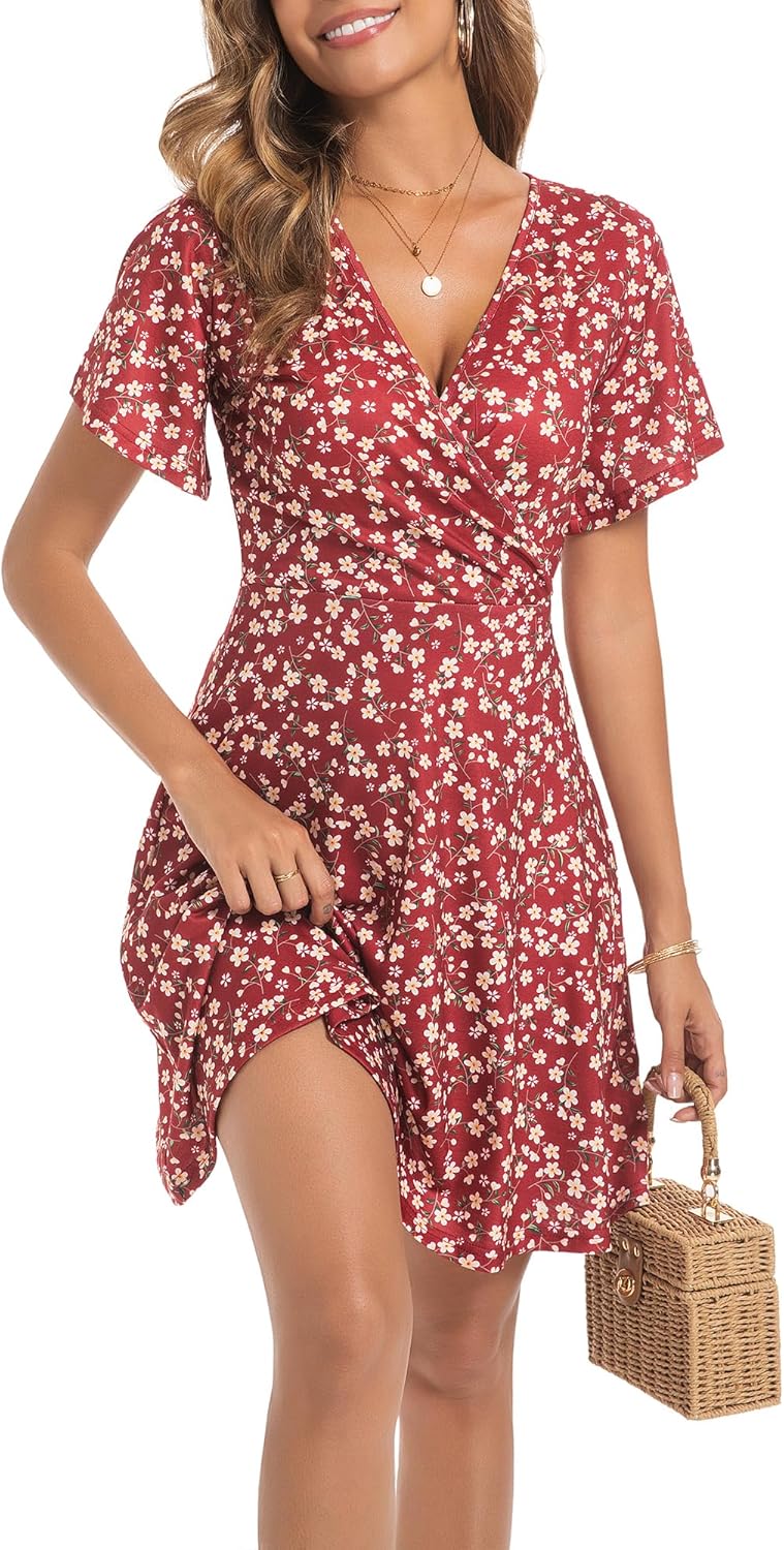 ChongBaiJia 3 Piece Womens Sundresses Summer Floral Short Sleeve Wrap V Neck A-Line Midi Casual Vacation Dresses 2025