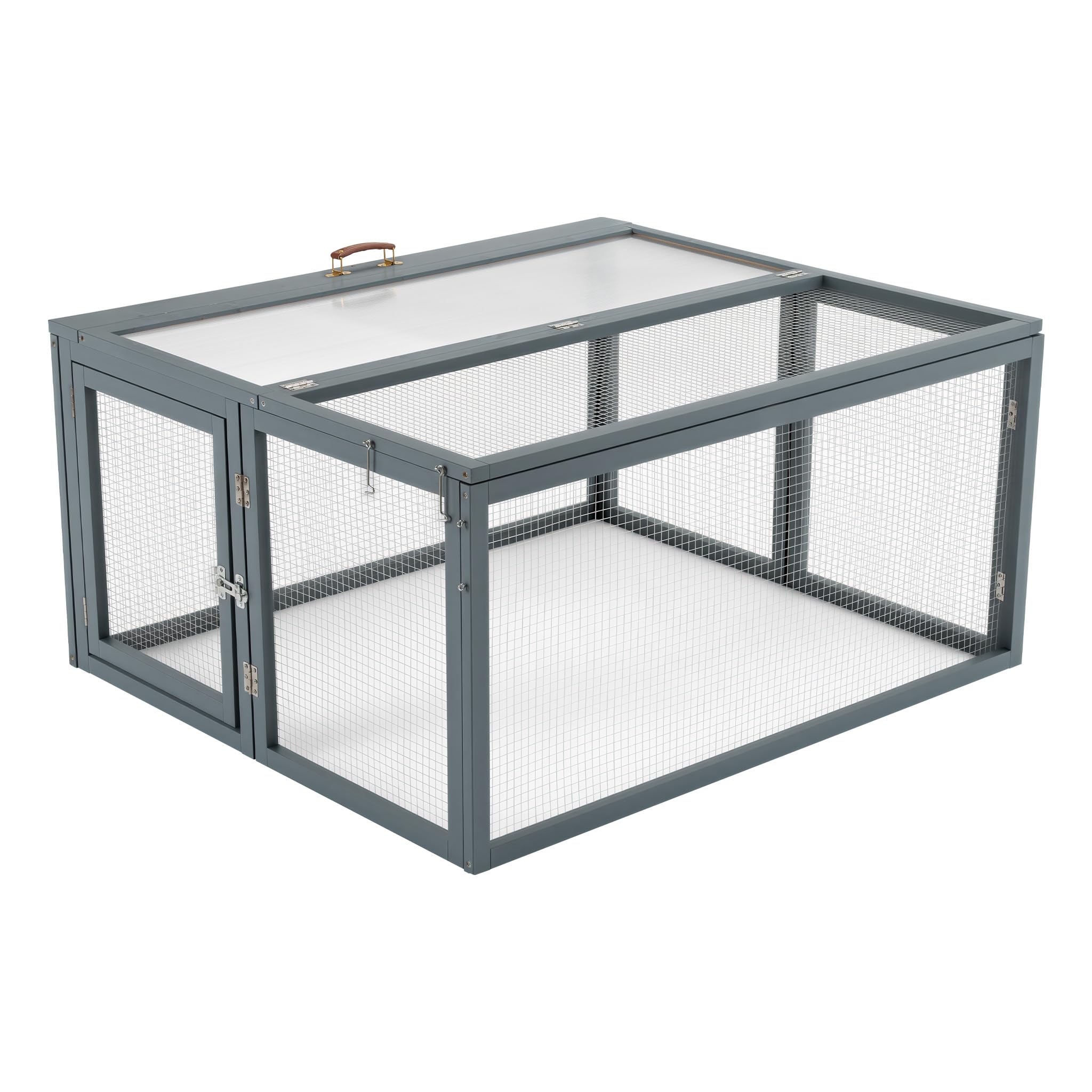 Wiltec Klappbarer Kaninchenstall Grau 109 x 93 x 54 cm, Hasenstall aus Tannenholz mit Drahtgitter, Kleintierstall Freigehege mit Tragegriff