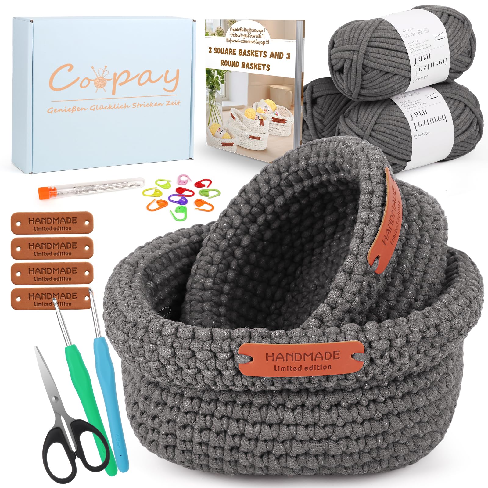 Coopay Häkelset für Anfänger, 2 Größen Square Körbe Häkelset mit Häkelnadel, Anleitung, 5mm Dicke Wolle zum Häkeln Korb Lernen, Kreative Geschenke für Töchter, Familie und Freunde - Grau