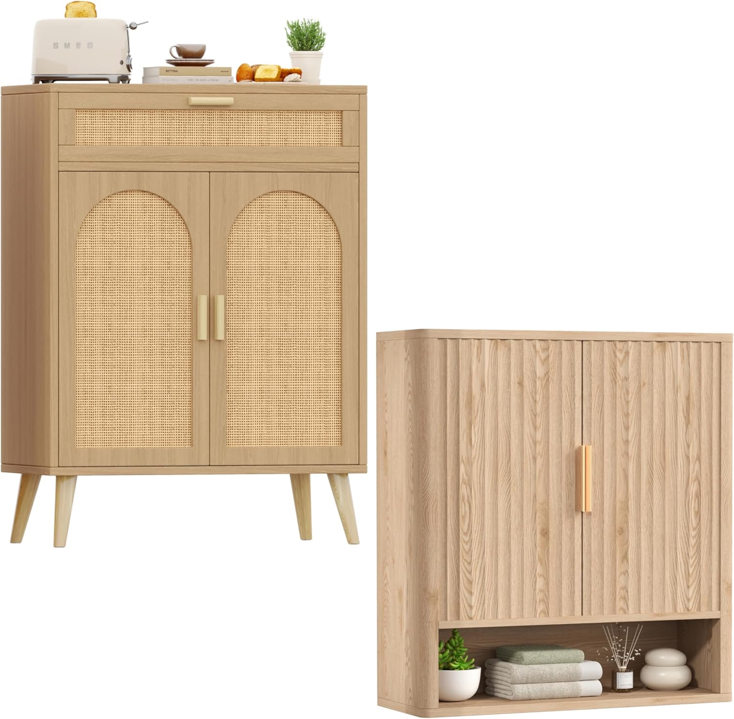 Rattan Buffet Sideboard Cabinet with Storage & 23.6" W x 27.6" H Large Fluted Medicine Cabinet with 2 Doors