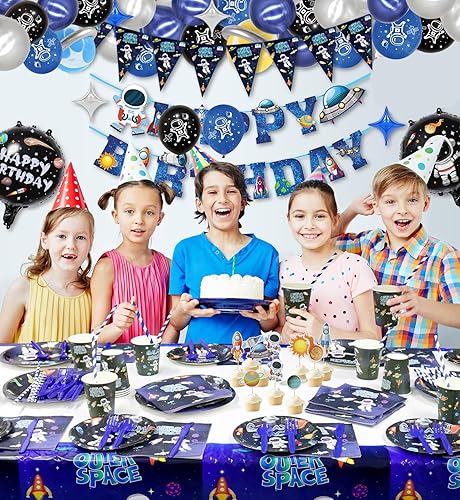 Miniatura 6 de 218 piezas de suministros para fiestas del espacio exterior, globos de suministros de fiesta del sistema solar, pancarta de astronauta de feliz