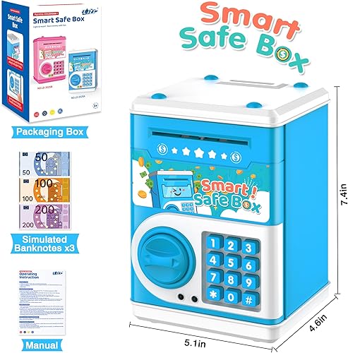 Miniatura 6 de Alcancía azul para niños, banco electrónico de monedas, tarro de dinero seguro para niños de 4 7 8 9 10 11 años con bloqueo de código de contraseña