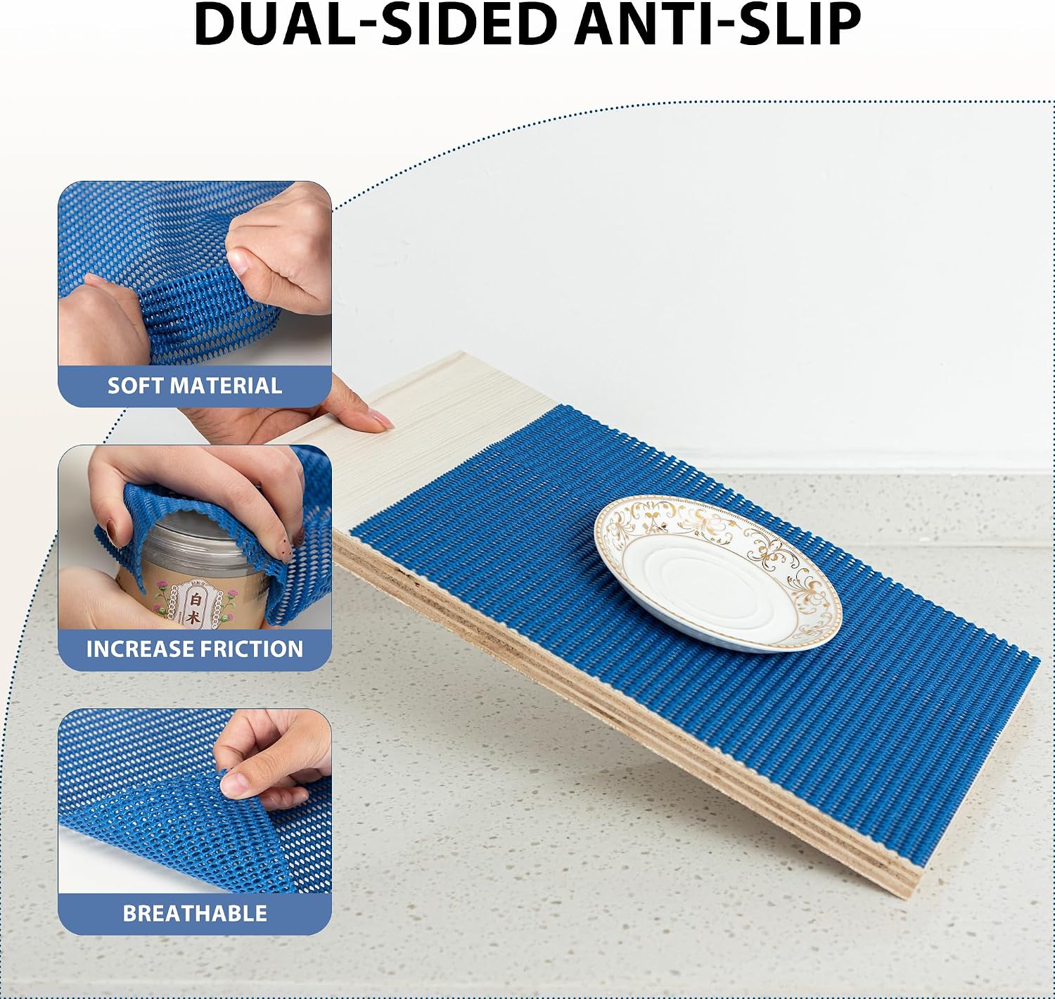 Drawer and Shelf Liner-Non-Adhesive Non Slip Shelf Paper Thickened Strong Grip for Kitchen Cabinets,Blue,12" W x 48" L