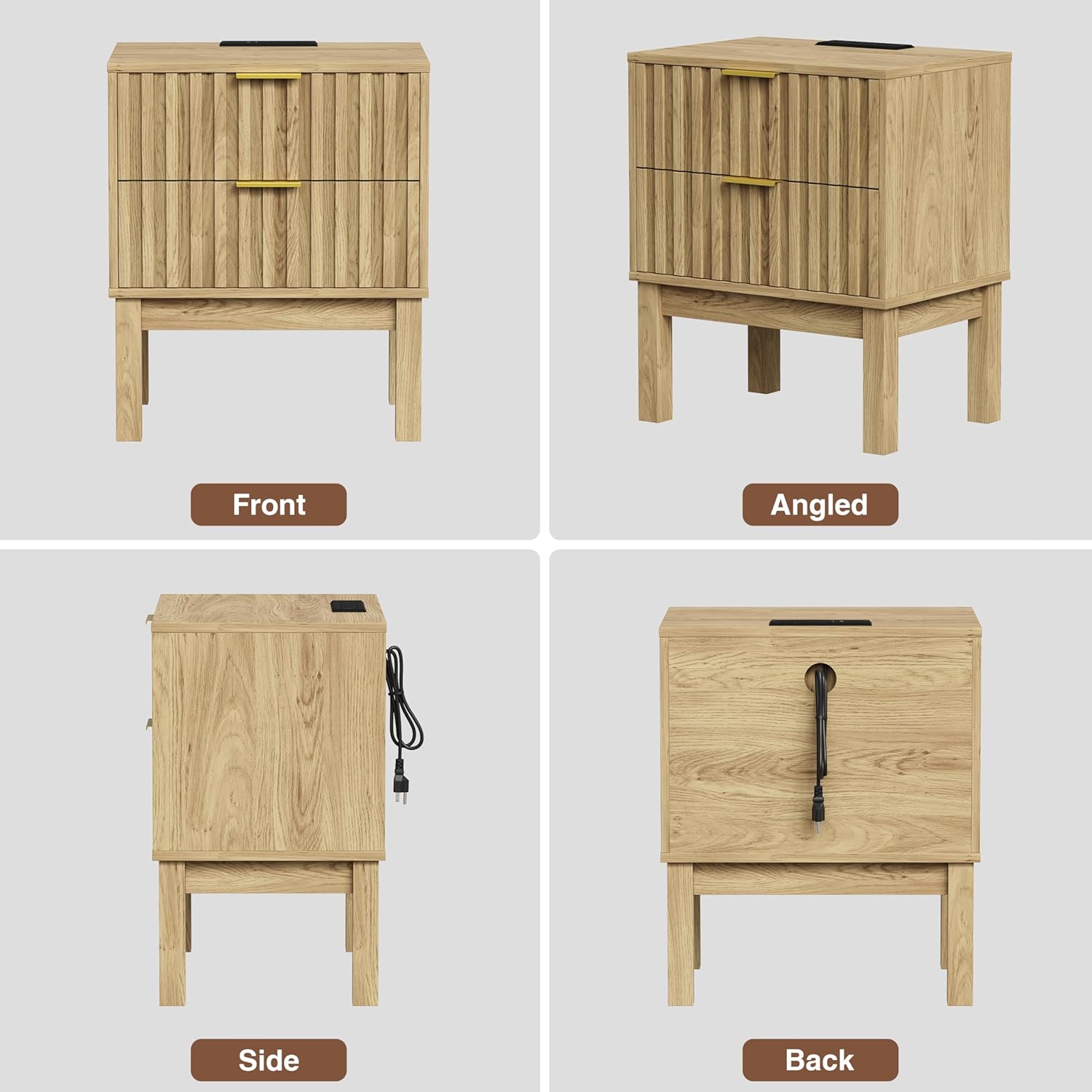 Fluted Nightstand with Charging Station, Night Stand with 2 Deep Drawers, Farmhouse End Table with USB/Type-C Ports, Wood Side Table, Bedside Table for Bedroom, Metal Handle, Natural