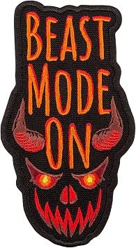 EMBROVERSE Beast Mode ON Patch - Embroidered Demon Text Funny Quotes - Slogan Iron On Patches - Size 2.7 x 5 inches