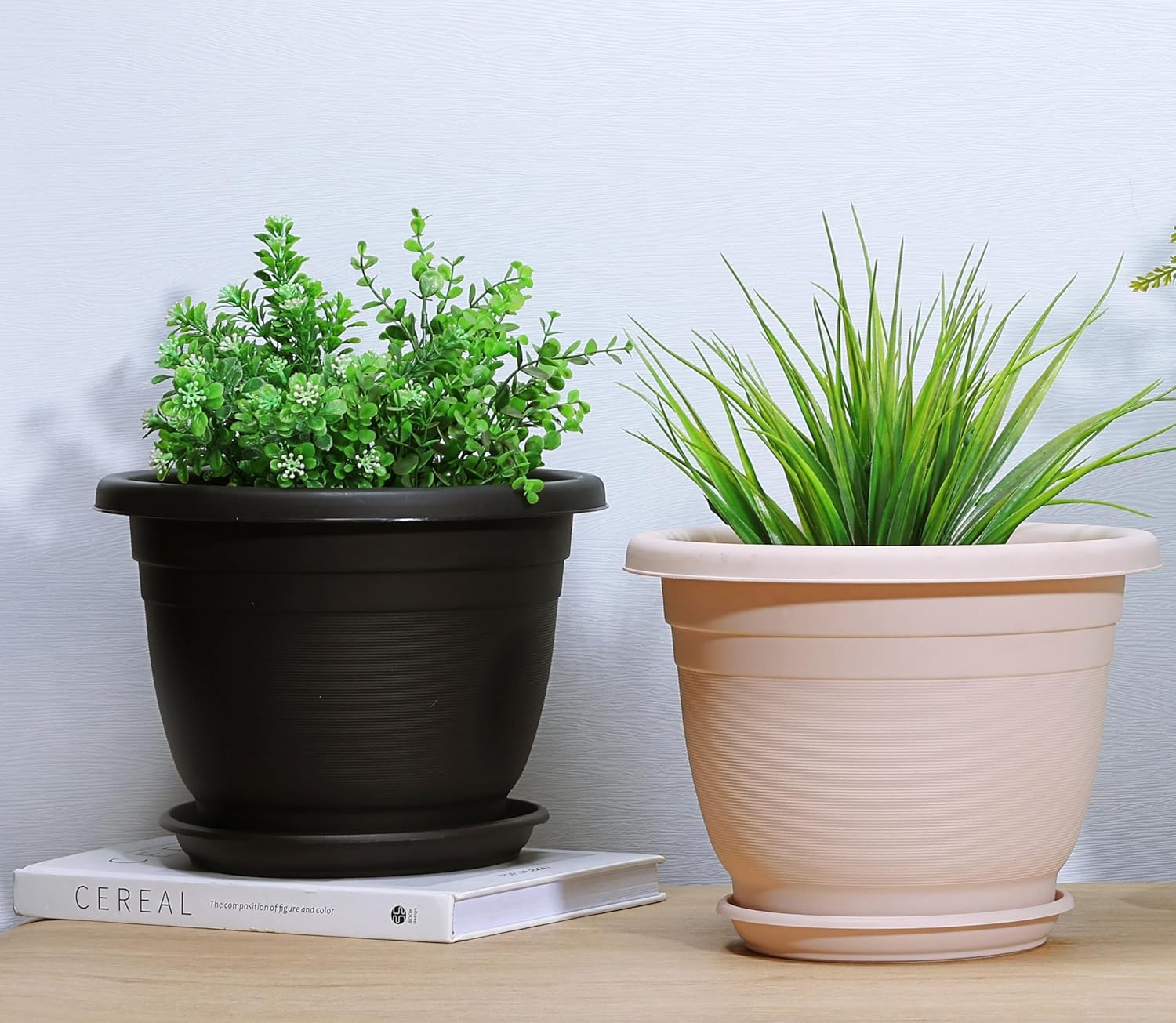 5 Packs 14 inch Flower Pots + Saucer, Planters for Indoor & Outdoor Plants with Drainage Holes | Plastic Flower Pots, Large Planter (Black, 14 inch)