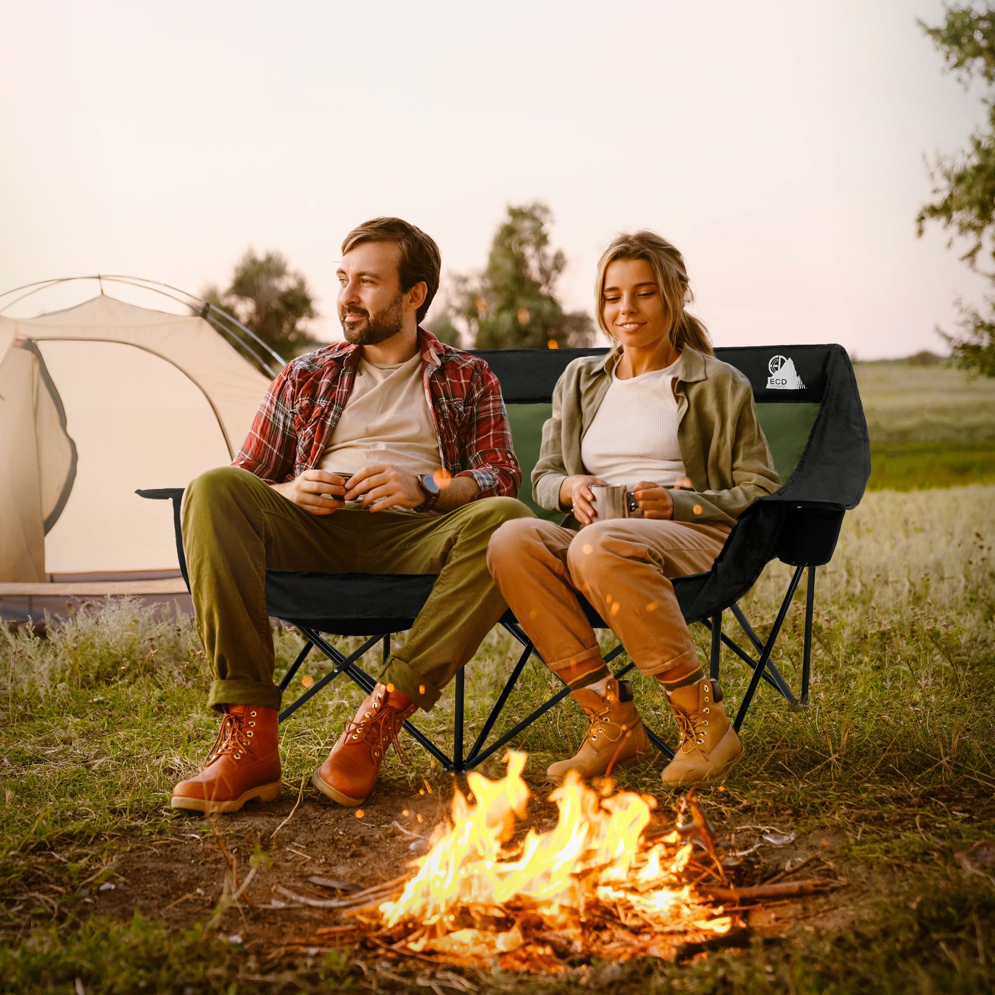 ECD Germany Podwójny Fotel Campingowy Khaki, Krzeslo Outdoor 2 Osobowe z Metalowa Konstrukcja, Skladana Sofa Turystyczna z Uchwytami na Napoje i Torba, Wyscielane Siedzisko na Camping i Wedkowanie