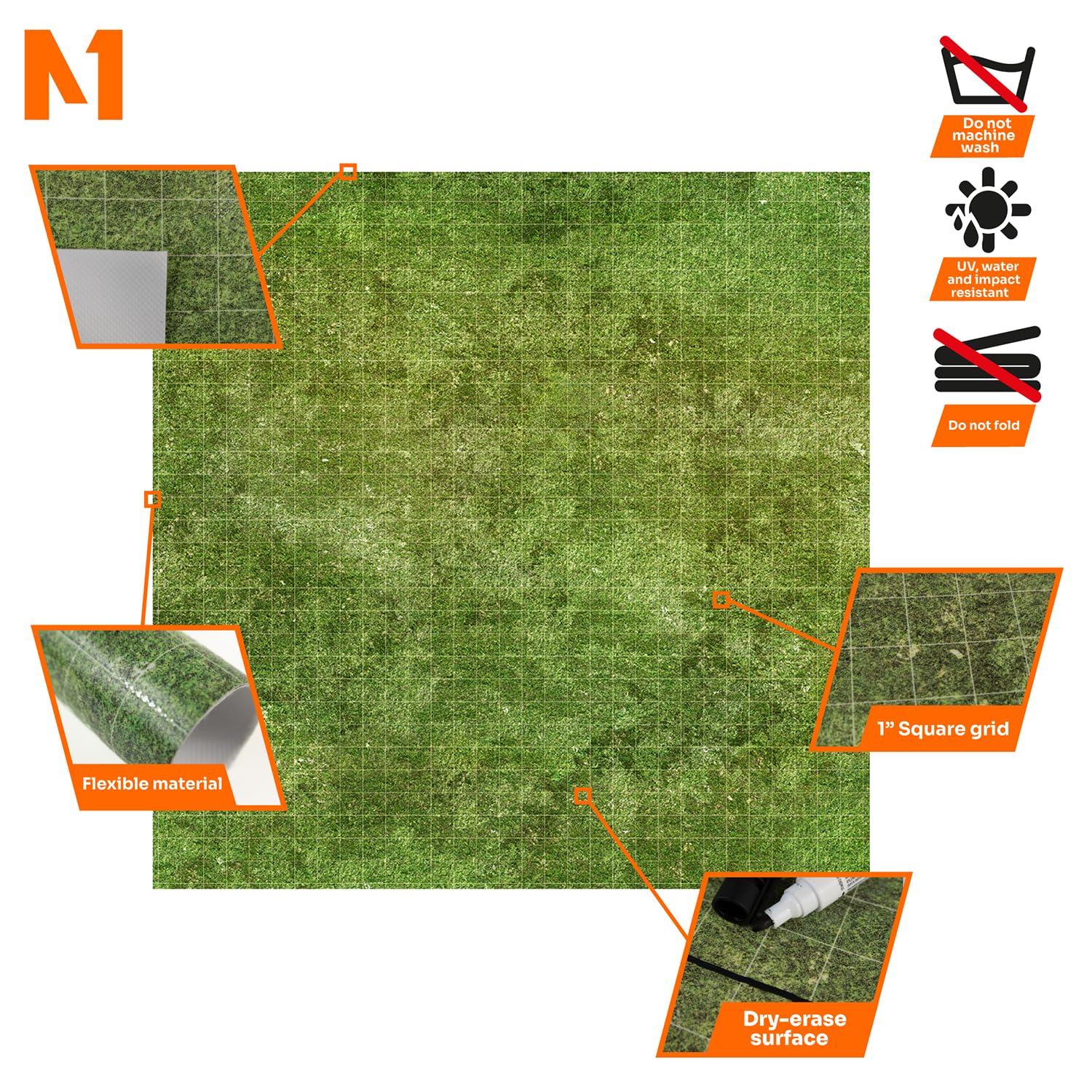 PLAYMATS Trockenlöschmatte RPG 80x80cm mit Gitter - trocken abwischbare Kampfmatte für Rollenspiele, Dungeons and Dragons (D&D), Pathfinder - Gras (quadratisch), Grass
