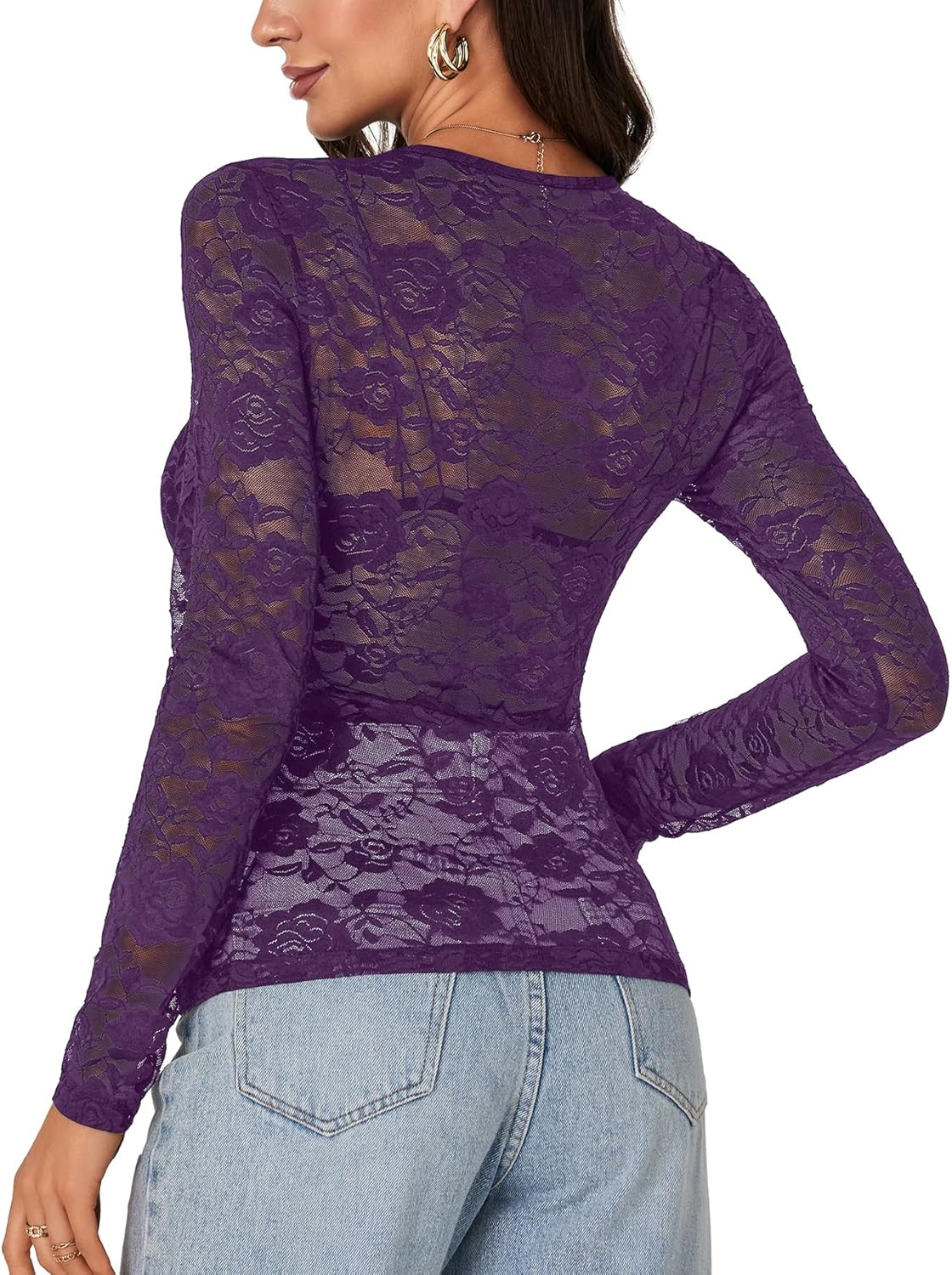 LYANER Women's Sexy Mesh Top Floral Long Sleeve See Through Shirt Lace Sheer Blouses - Image 5