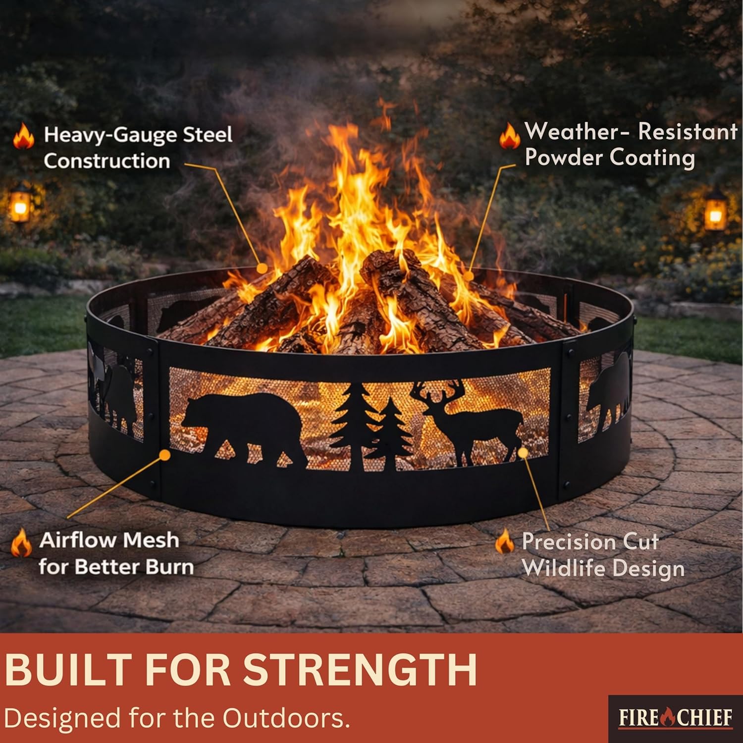 Fire Chief 36 Inch Fire Pit Ring – Heavy Duty Wood Burning Fire Ring Insert with Decorative Wildlife Design – Outdoor Steel Campfire Bonfire Pit Insert for Backyard Patio Camping