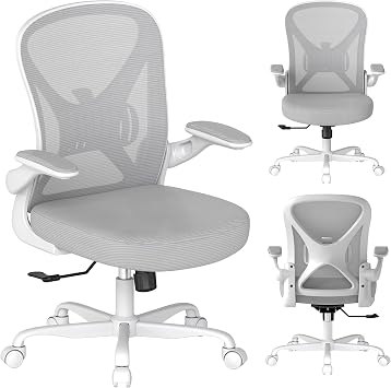 Ergonomic Office Chair with Adjustable Lumbar Support, 136 KG Swivel Desk Chair with Flip-Up Arms, Mesh Comfy Padded Seat for Computer and Home, Grey