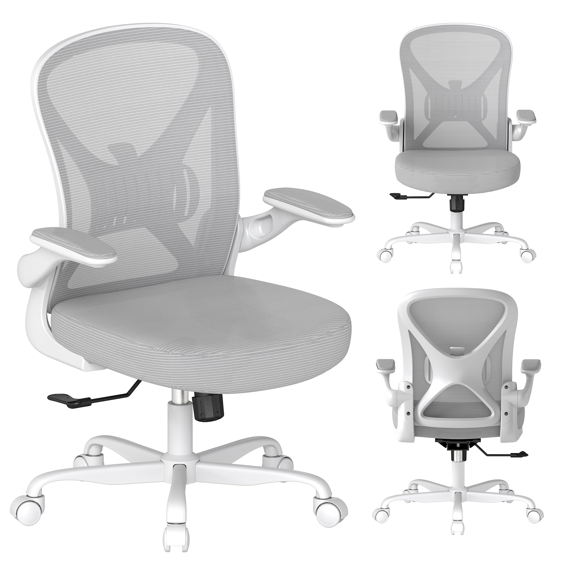 Keratee Ergonomic Office Chair with Adjustable Lumbar Support, 136 KG Swivel Desk Chair with Flip-Up Arms, Mesh Comfy Padded Seat for Computer and Home, Grey