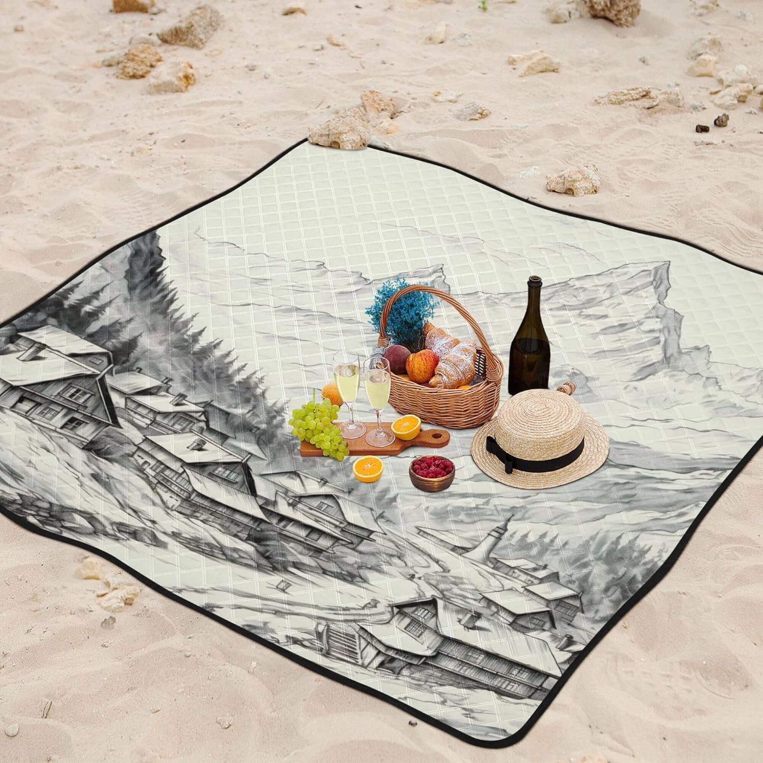 xigua Western Fields Scenery Large Picnic Blankets Waterproof Sandproof Beach Blanket Machine Washable, Portable Foldable Outdoor Blanket for Grass Park, Hiking, Concerts, Beach Vacation, 78" x 78"