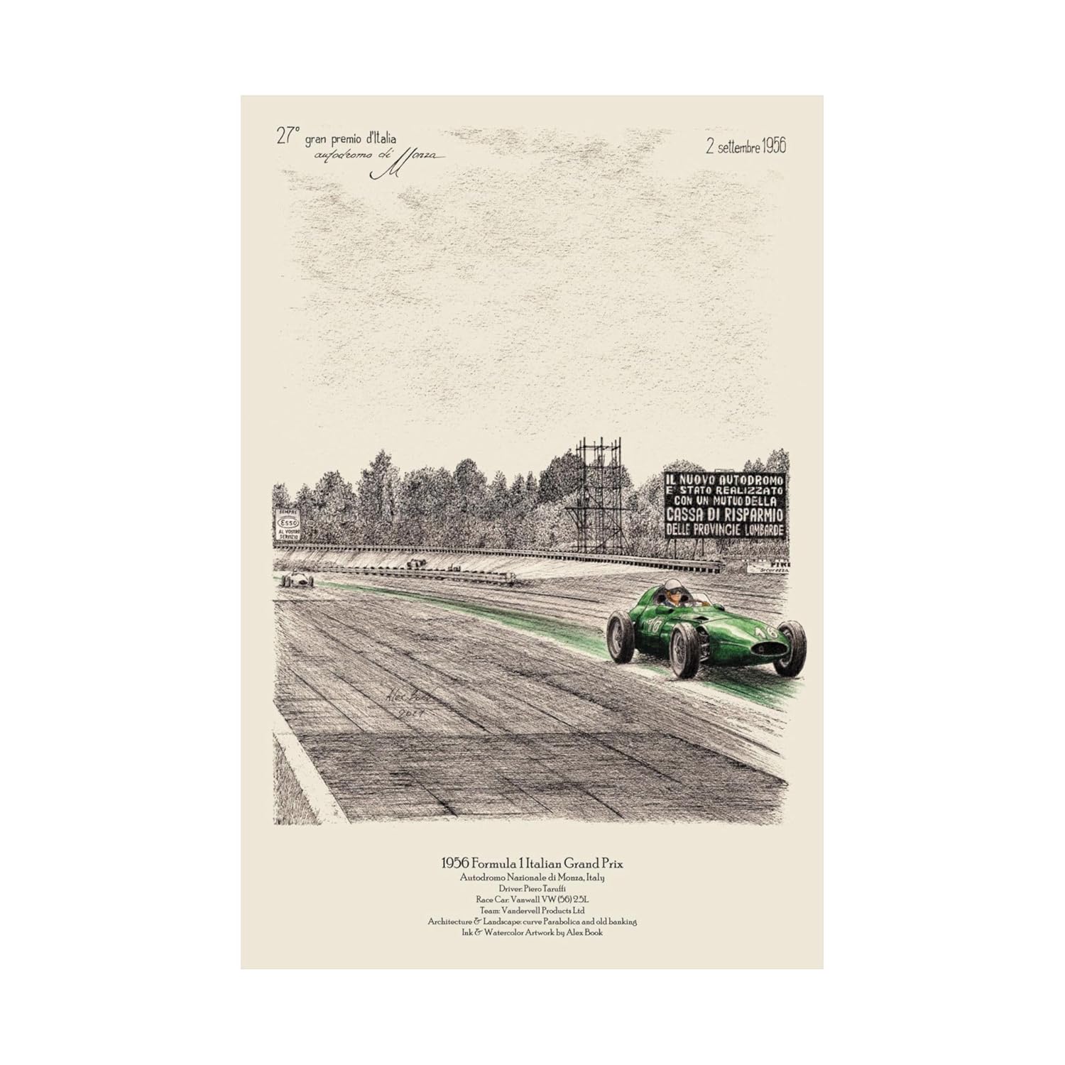 1956 Formula Italian GP Art Print | Piero Taruffi Vanwall Ink & Watercolor Wall Art | Monza Classic Motorsport Poster | Best Home & Office Décor Gift for F1 Fans