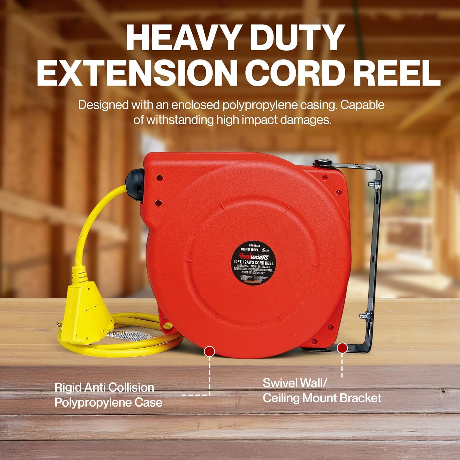 ReelWorks Retractable Extension Cord Reel Polypropylene 12AWG x 40' Foot Industrial Commercial Grade 3C SJT Cable Triple Tap Connector 15A 125VAC 1875W 60Hz Current Interrupter Best for Indoor Use