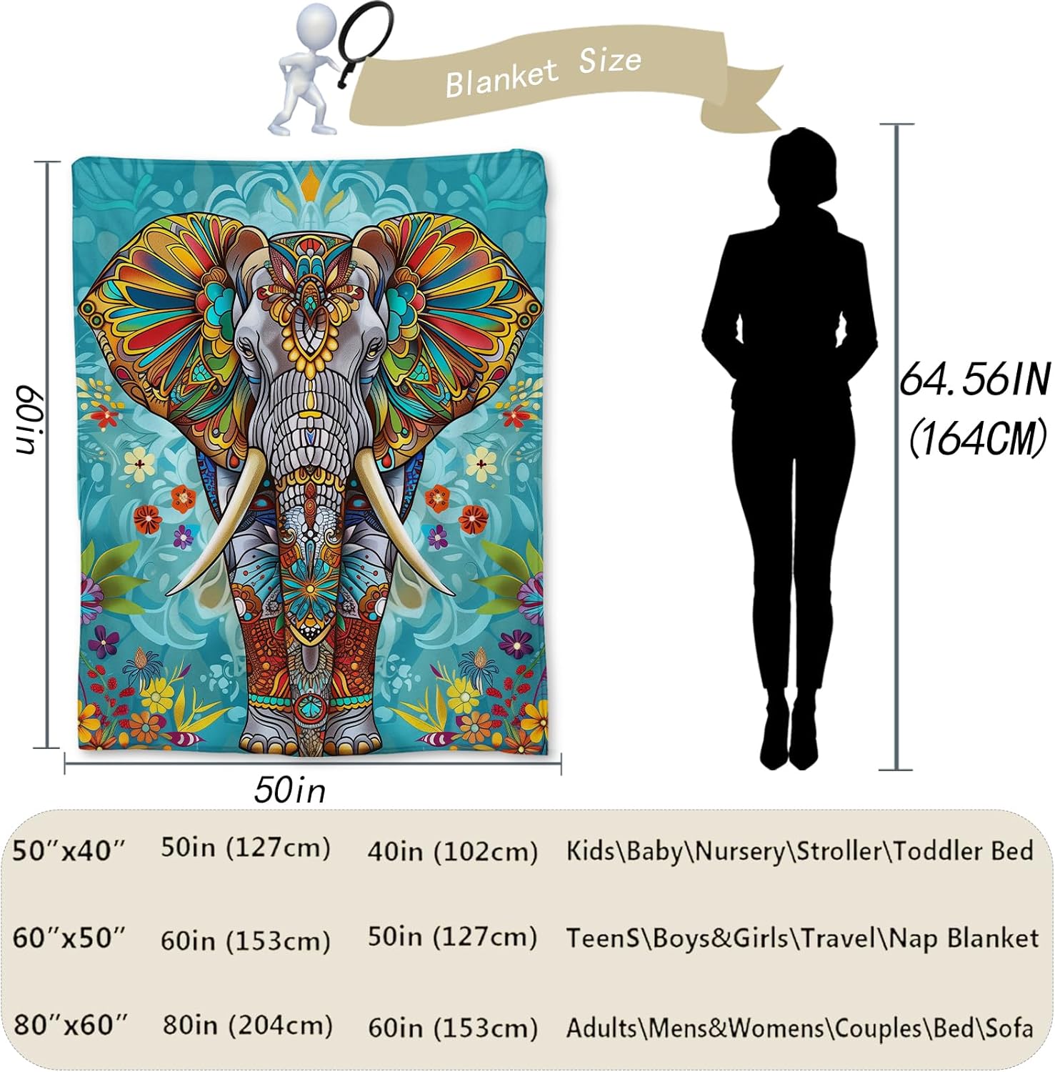 Colorful Elephant Blanket - Soft, Lightweight Flannel, Fuzzy and Fluffy Throw Blankets, Perfect for Couch, Bed, Travel, Outdoor - Cozy Home Decor, for Adults Kids Women Girls 60×50 in