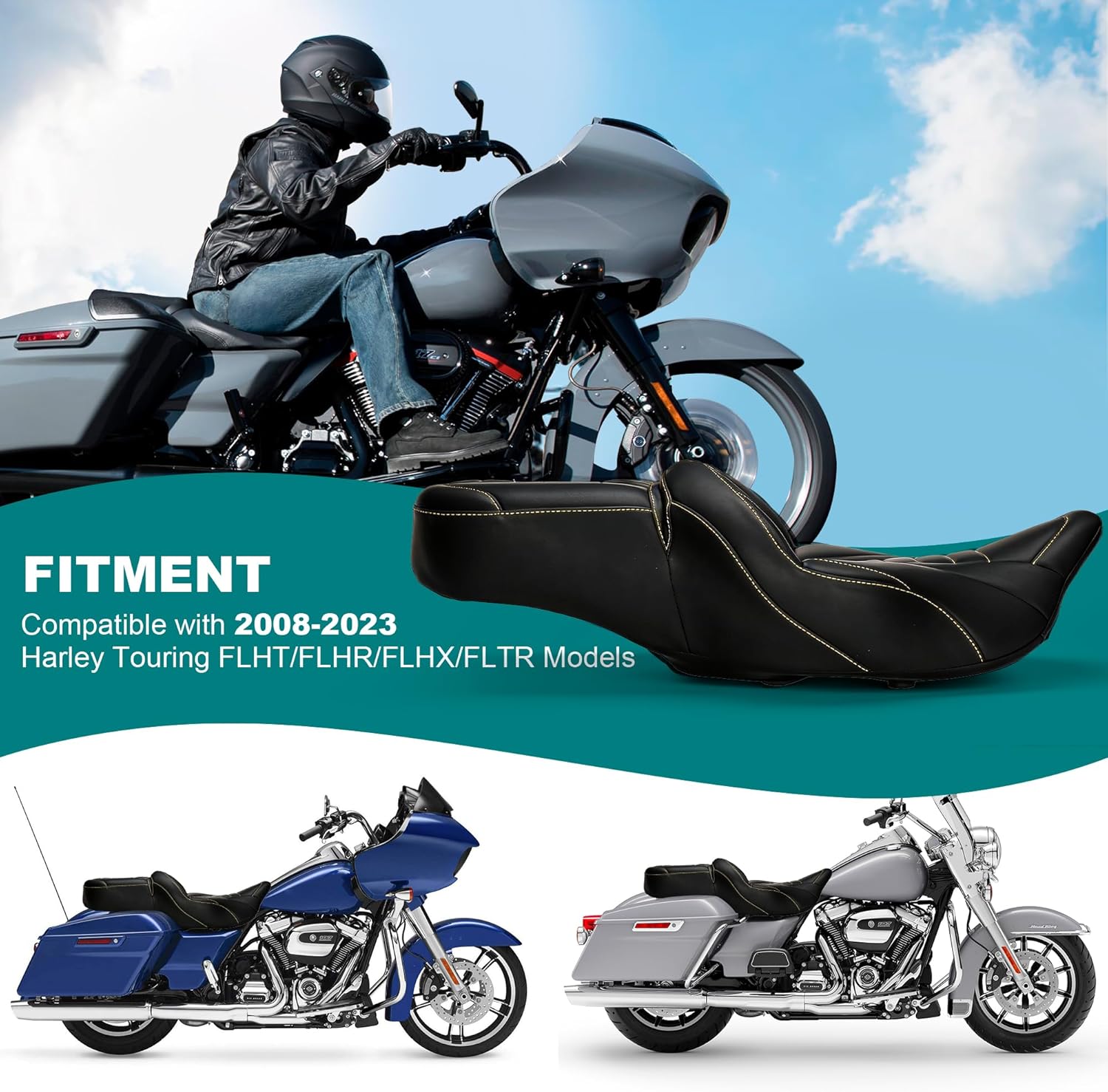 MoKitDora One-Piece Touring Driver Passenger Seat for Harley Electra Glide Standard Road Glide Road King & Street Glide 2008-2023,Gloden
