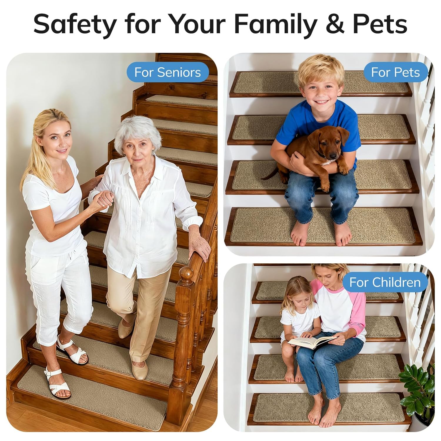 Umimile Extra Thick 0.6" Non-Slip Stair Treads for Wooden Steps, 15 Pack Indoor Carpet Treads, Super Strong Adhesive Washable Runner for Kids, Elders, Pets (Beige Gray, 14x8x30 & 1x30x30)