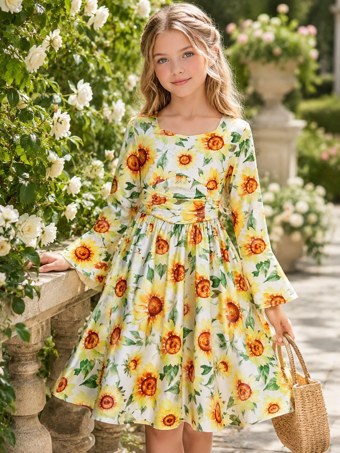 Girls Long Sleeve Boho Dresses Flower Teen Dress 7-14Y image 2