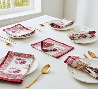 Cloth Napkins Set of 6 – Pink Cotton Floral Dinner Napkins for Table | Reusable Indian Block Print Washable Napkins for Wedding, Party, Boho Decor (Rose Pink) Large (18x18 Inches)