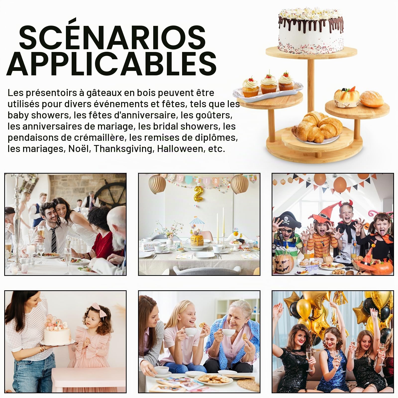 Présentoir a Gateau en Bois à 4 Niveaux, Presentoir à Cupcakes, Présentoir à Pâtisseries, Support à Dessert en Bois, Presentoir Aperitif Buffet, pour Mariages, Fête d'Anniversaire, Après-Midi