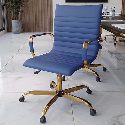 Miniatura 17 de LeisureMod Harris Silla de oficina con almohadilla suave, silla ejecutiva de piel sintética con base de acero dorado, altura ajustable, bloqueo de