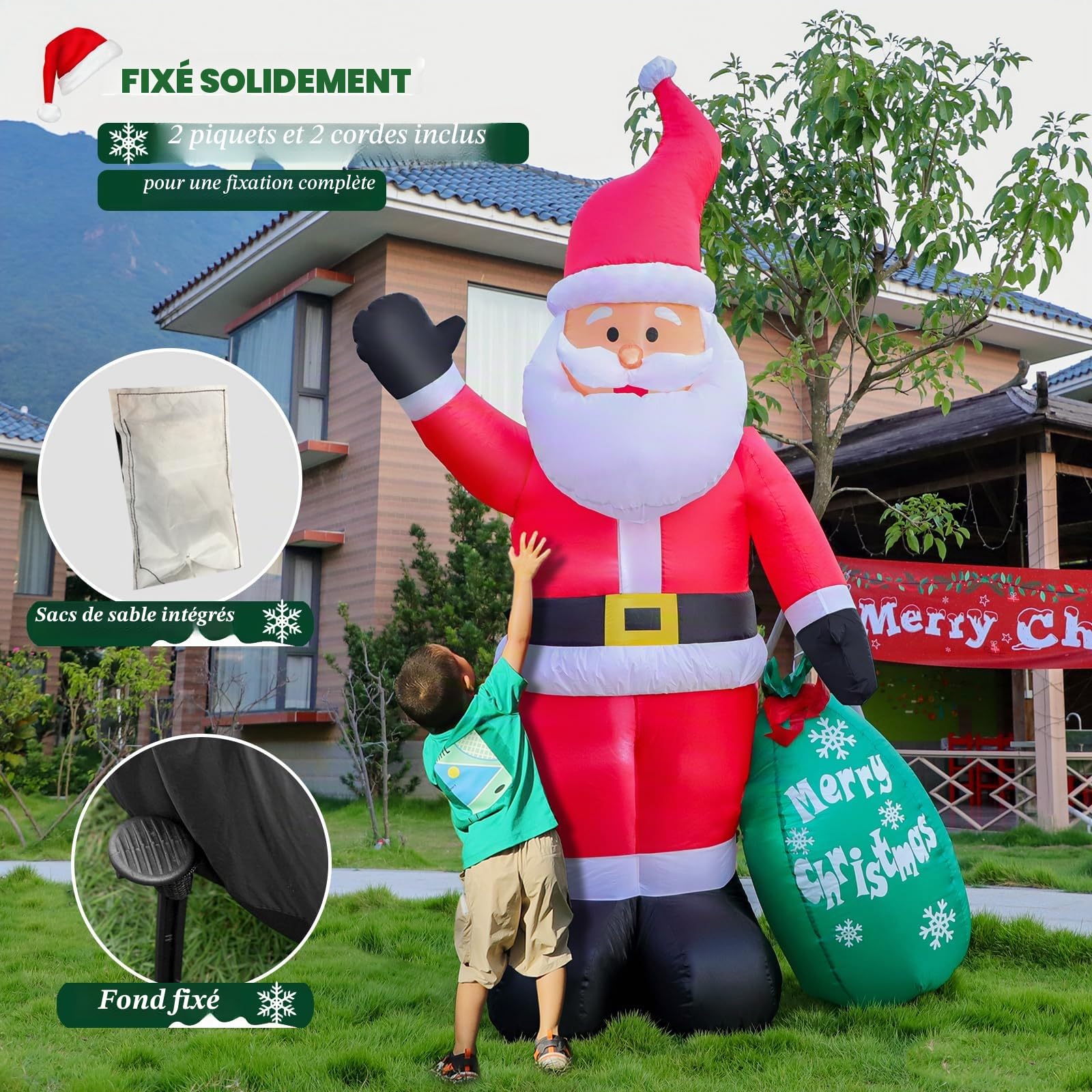 Omdekor 210CM Gonflable de Noël Décorations d'extérieur avec éclairage LED, Décoration Père avec Sac Vert, 7FT Décoration de Noël Gonflable Lumières LED Intégrées pour Jardin/Cour