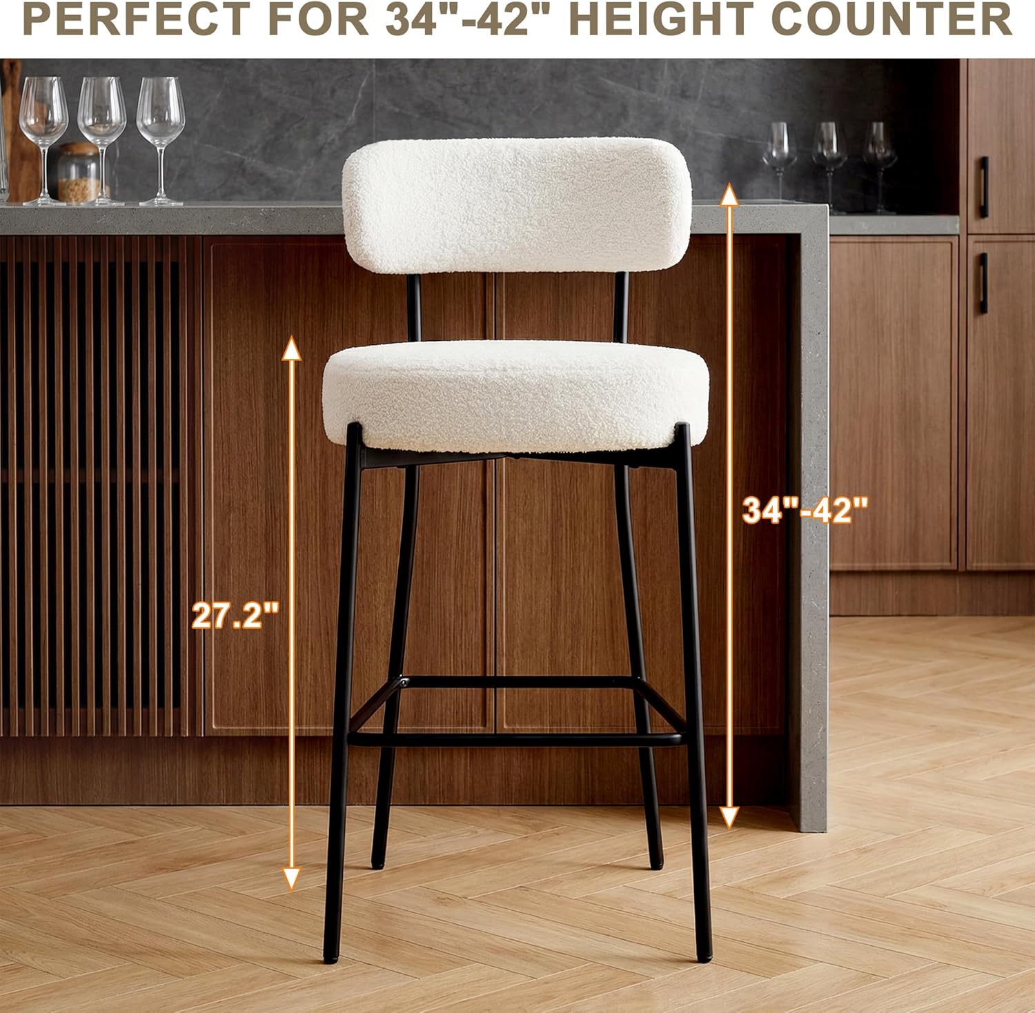 Bar Stools Set of 4, 27" Boucle Counter Height Bar Stools with Back, Modern Upholstered Counter Stools for Kitchen Island, Bar, Cafe,Restaurant (White)
