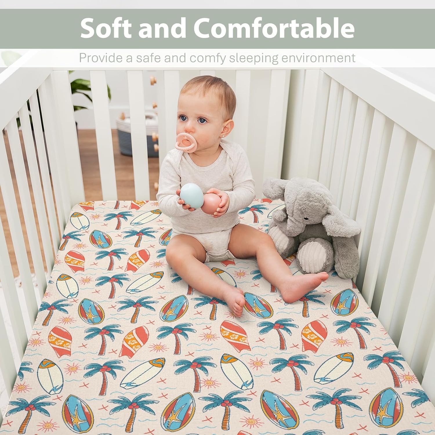 Retro Boho Surfing Baby Crib Sheets for Boy Girl 52x28Inch Summer Surfboards Coconut Palm Trees Sun Soft Snug Fitted Crib Mattress Cover Beach Life Baby Sheet for Standard Crib & Toddler Bed Mattress