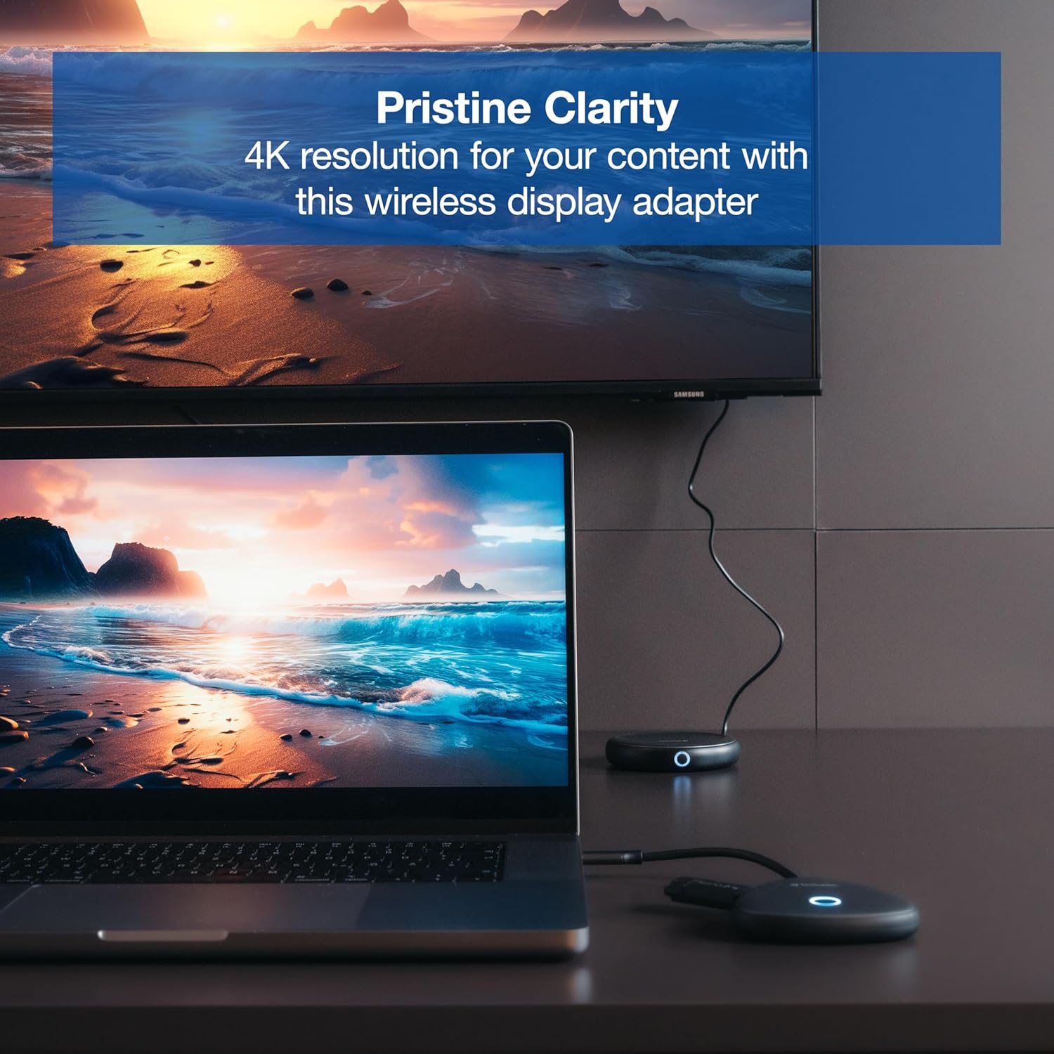 Laptop connected to Verbatim Wireless Display Adapter showing 4K clarity