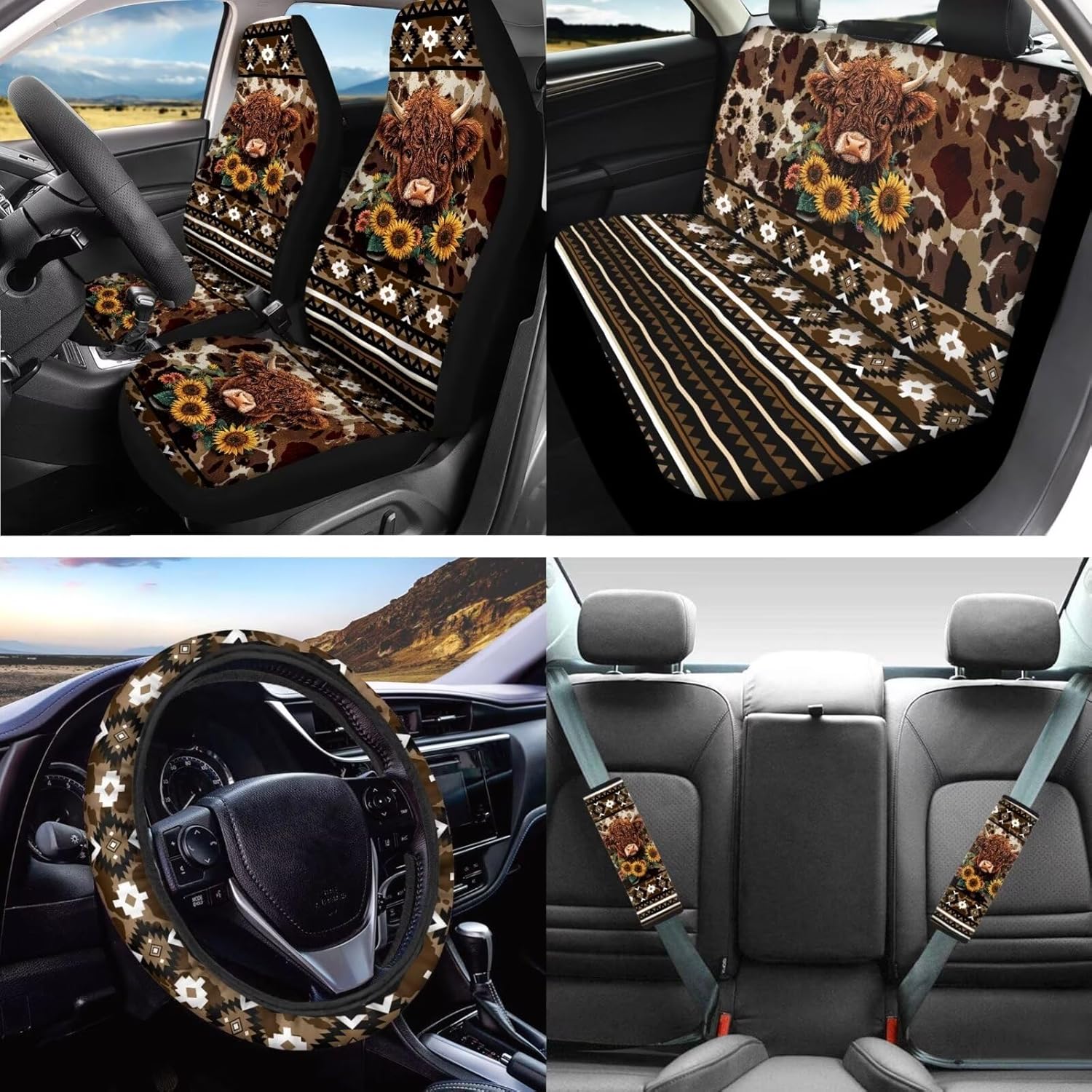 Universal Fit Highland Cow Automobile Interior Sets Aztec Style Car Seat Cover Steering Wheel Cover Seat Belt Pads Handbrake Cover Gear Shift Knob Cover Headrest Cover, Brown