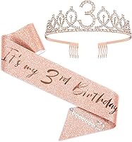 Vista 1 de Tiara de cumpleaños de oro rosa, banda y corona para niñas de tercer cumpleaños, suministros de recuerdo de fiesta
