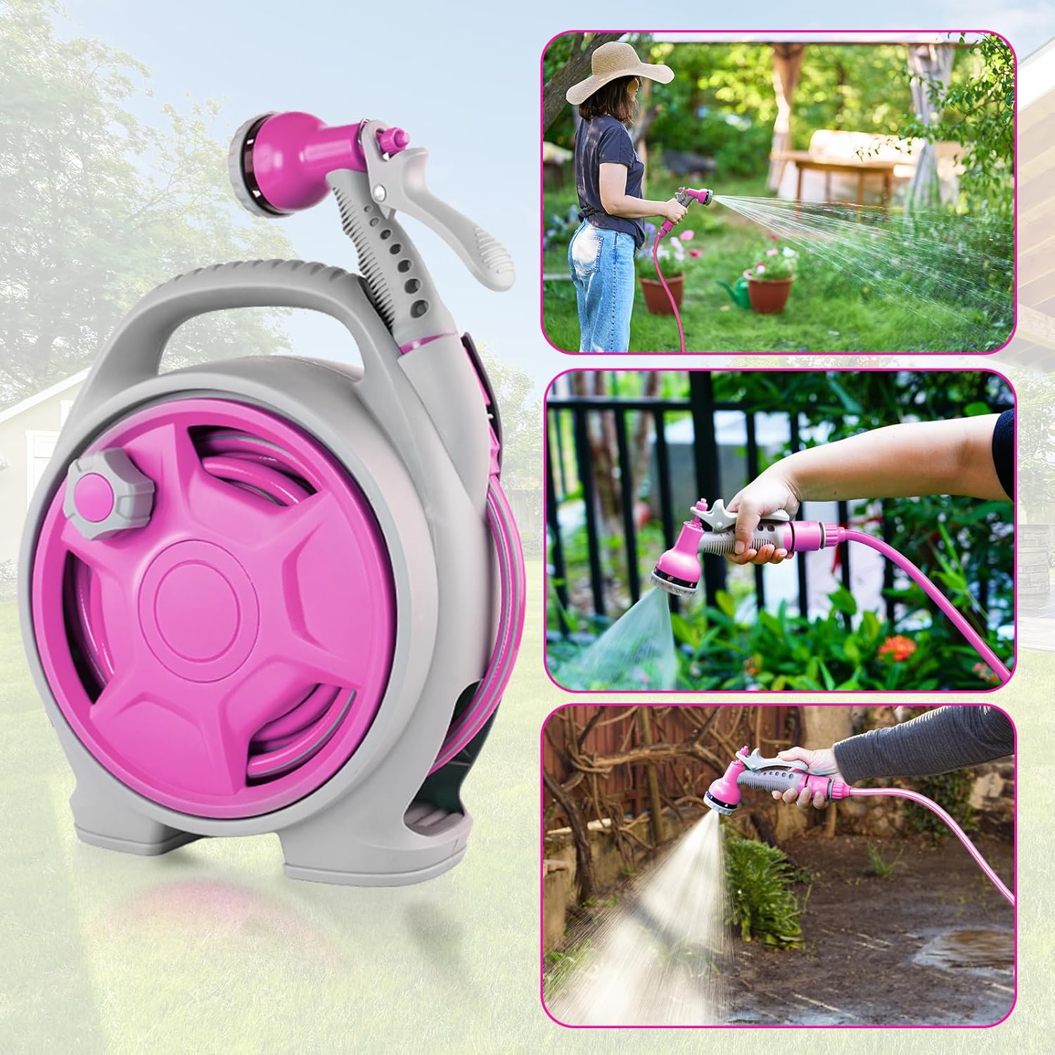 Portable Hose Reel, 50FT Garden Hose Reel for Outside, Lightweight Hose Reel with 6 Patterns Spray Nozzle, Suitable for US Standard Hose Connection.