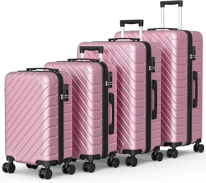 Apelila 4-Piece Expandable Suitcase Set with TSA Lock, 20% Extra Capacity, 360° Spinner Wheels, Lightweight Textured Fabric Luggage (18", 20", 24", 28") for Men and Women Travel (Pink)