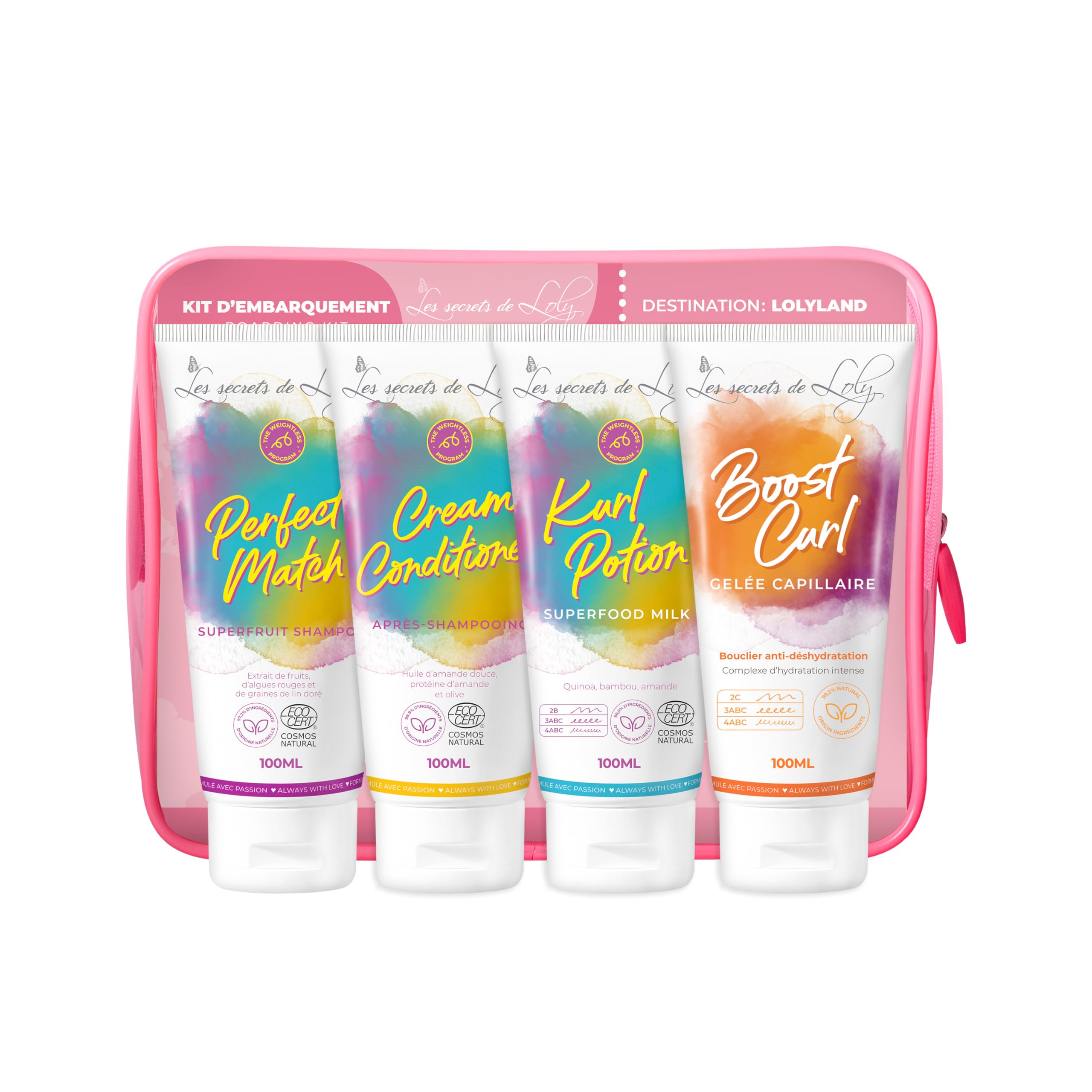 Les Secrets de Loly - Trousse de Voyage Cheveux Ondulés – 4 Soins 100ml | Shampooing + Après-Shampooing + Leave-in + Gelée | Format Cabine