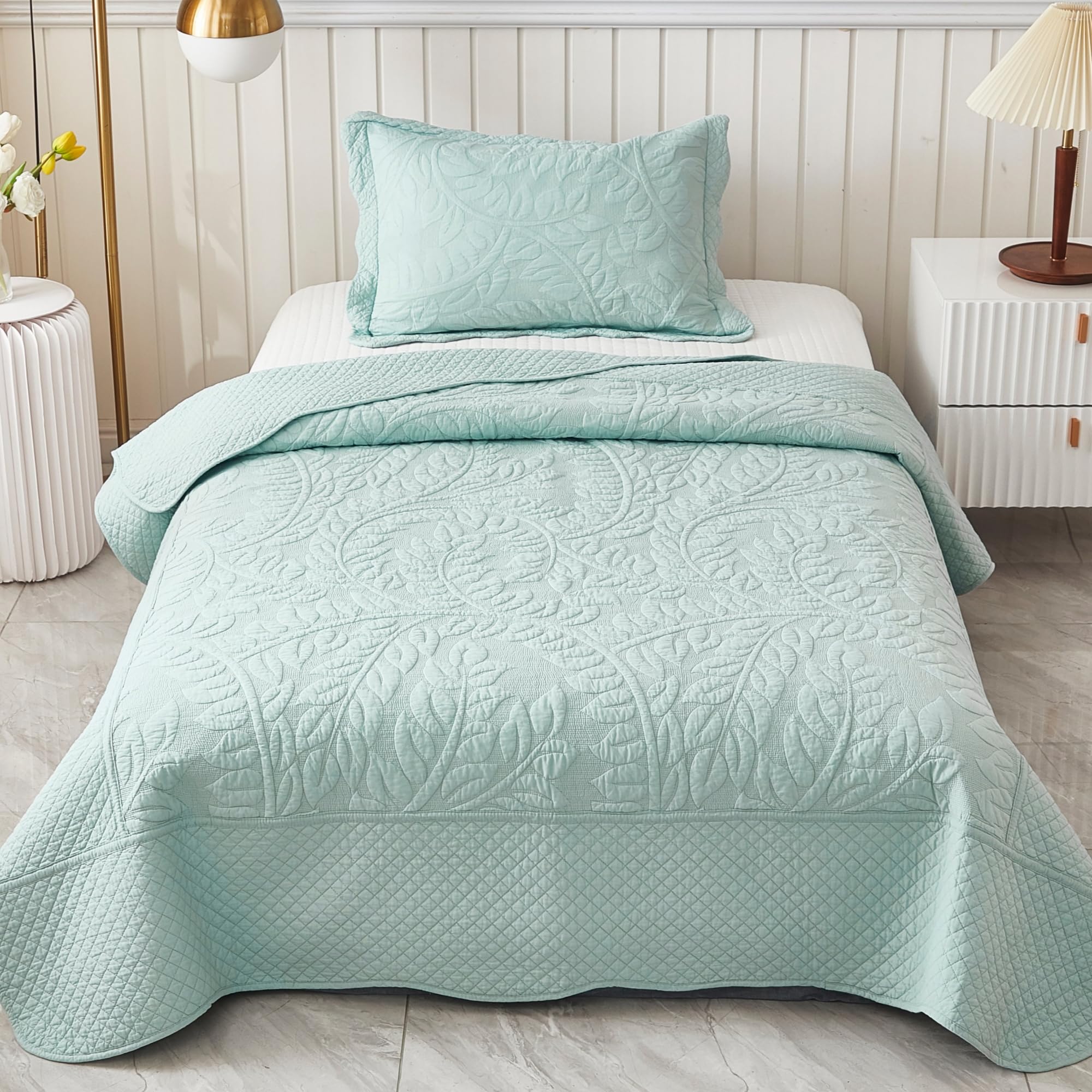 MarCielo 3-Piece 100% Cotton Oversized Bedspread Lightweight Quilt Coverlet Embroidery Farmhouse Bedding Set T0 (Aruba Blue, Twin (68"x86"))