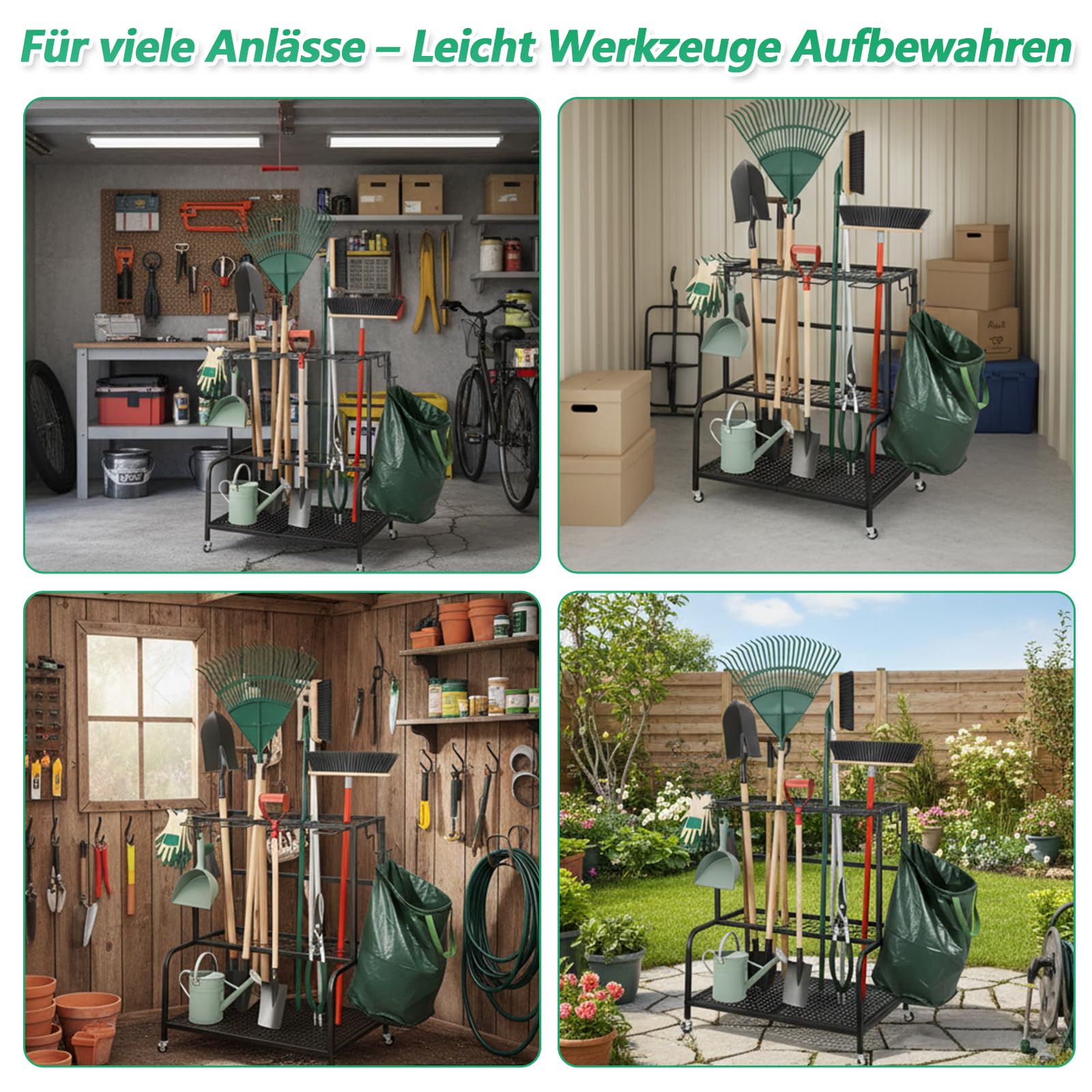 Gartengeräte Ständer 61X41X66cm Gerätehalter Organizer mit 78 Ablagefächern, Gartengeräteaufbewahrungsregal mit 11 Haken und 360° Schwenkbaren Rädern, Metall Gartenwerkzeug Halter Schwarz