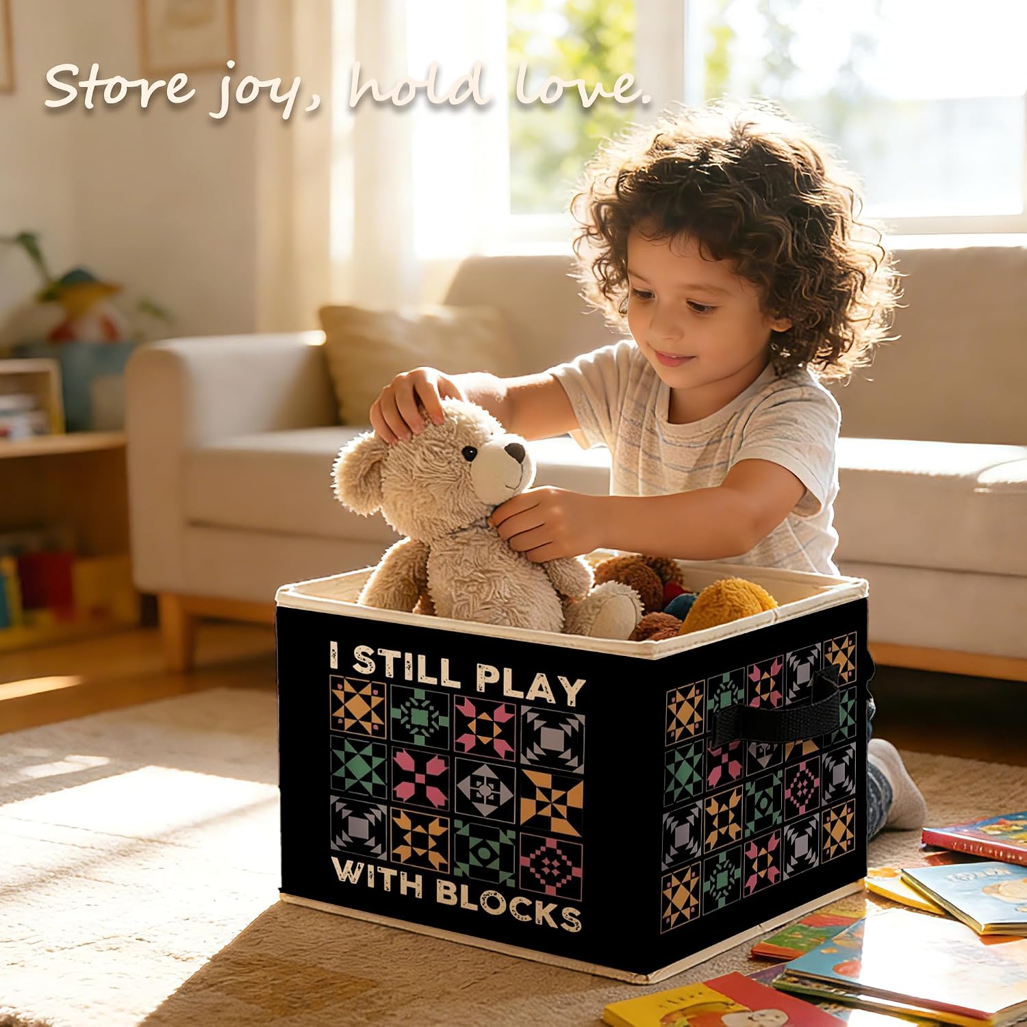 Boho Colorful Sewing Quilting Storage Bins with Handles, I Still Play with Blocks Quilters Collapsible Storage Box Basket Books Clothes Organizer for Bedroom Bathroom Home
