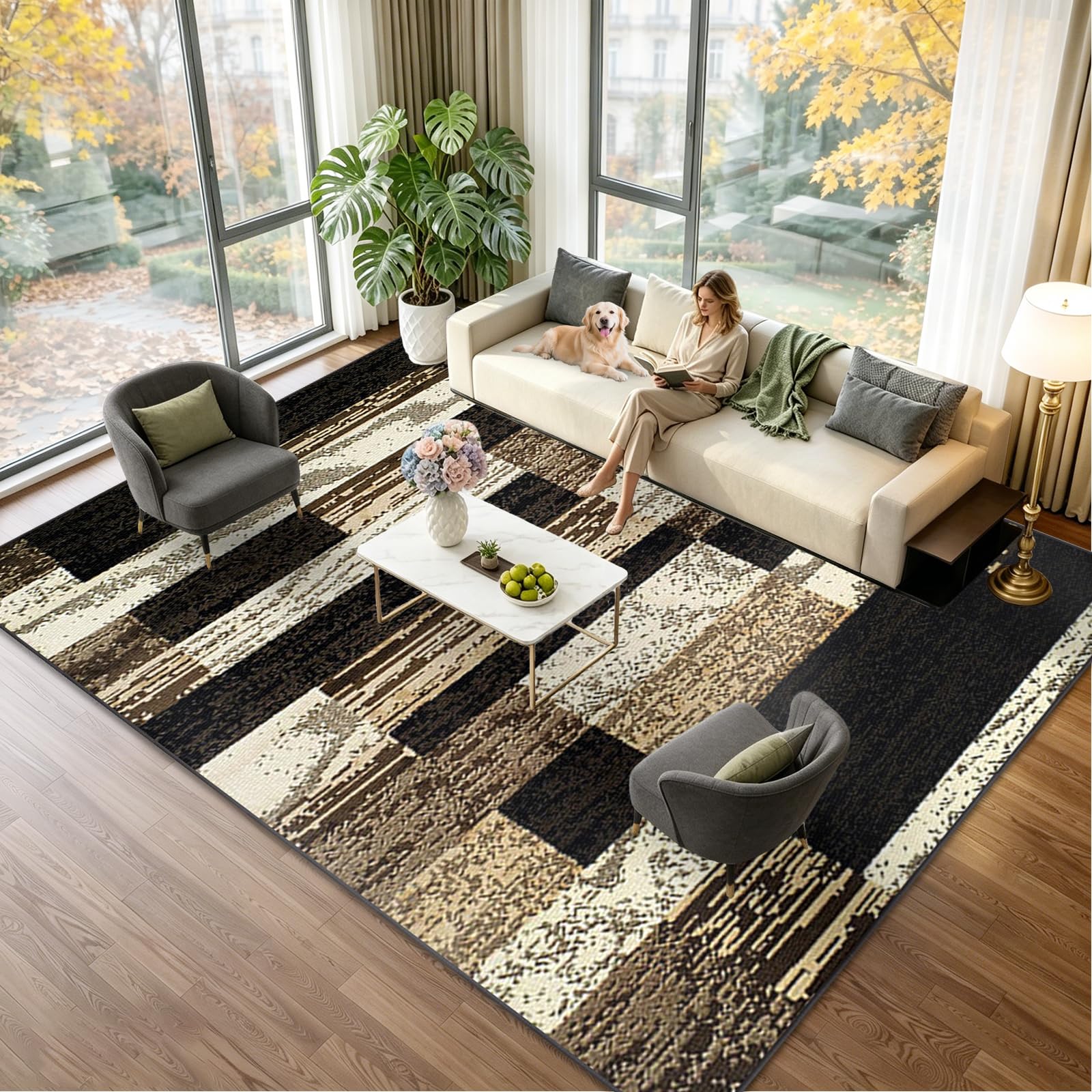 Teppiche Wohnzimmer Deko Weich Waschbarer Anti-Rutsch Modern Wohnzimmerteppich Teppiche Gegend Kurzflor Teppich für Schlafzimmer Kinderzimmer Bettvorleger Matte Schwarz 200 x 230cm