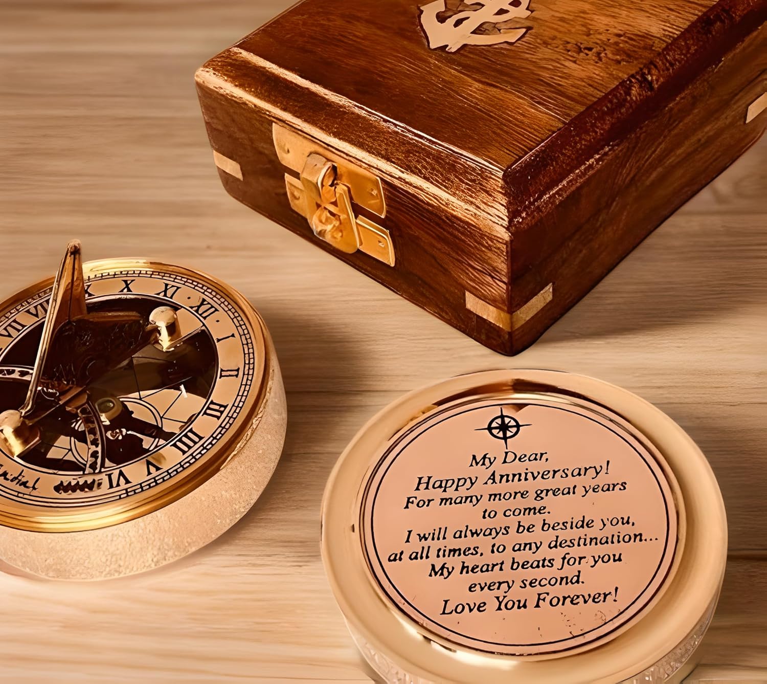 Real Nautical Store Antique Brass Sundial Compass Marine Boat Gift Pocket Sun Dial in Nautical Marine Gift Sun Clock Pirate Ship Replica Sundial Compass Engraved with Wooden Box